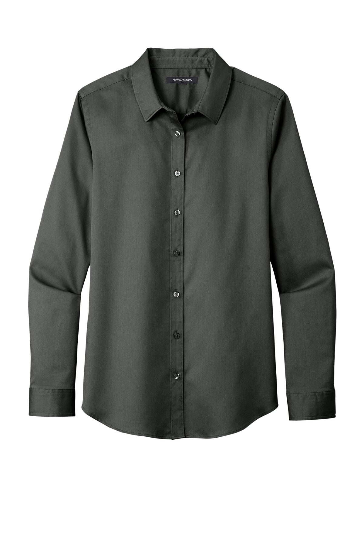 Front View of StormGrey Port Authority Women's Long Sleeve SuperPro React Twill Shirt. LW808