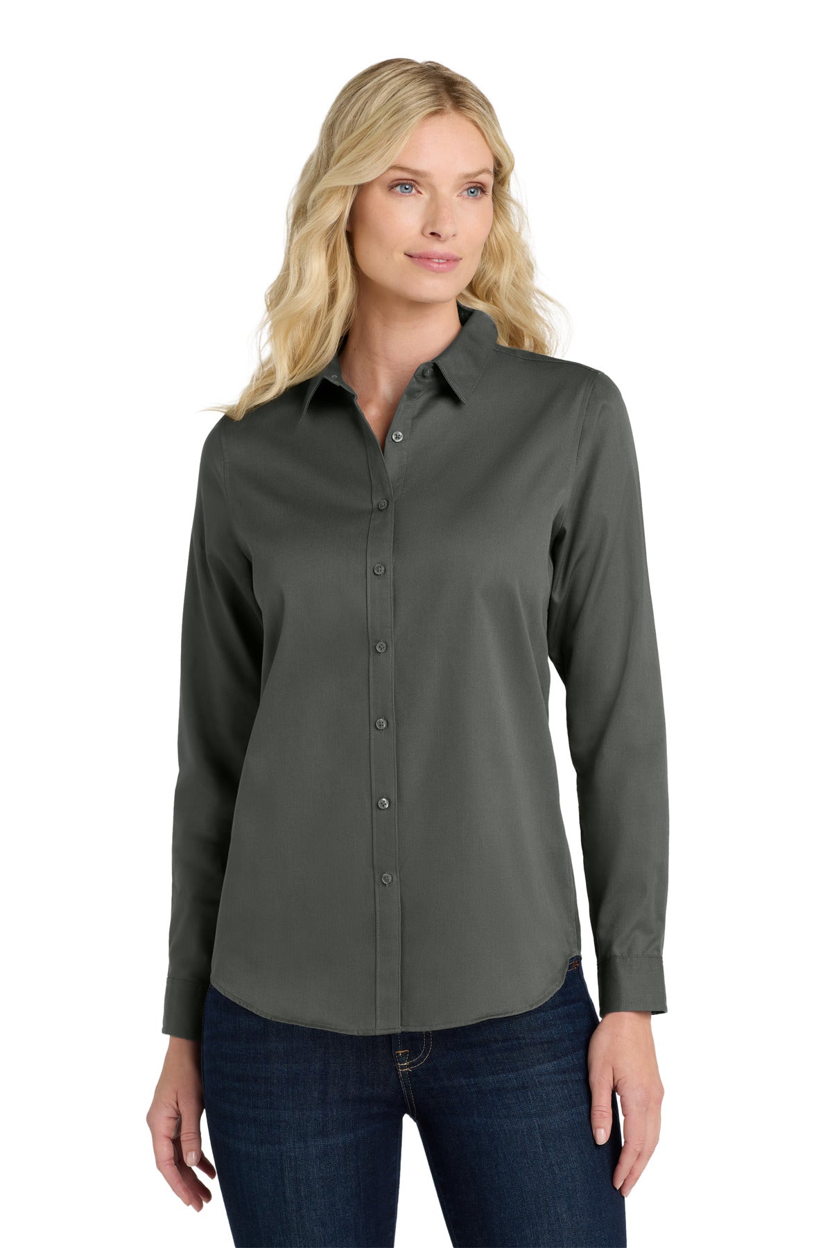 Front View of StormGrey Port Authority Women's Long Sleeve SuperPro React Twill Shirt. LW808