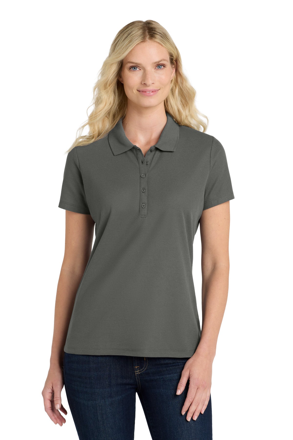 Front View of StormGrey Port Authority Women's SuperPro React Polo. LK810