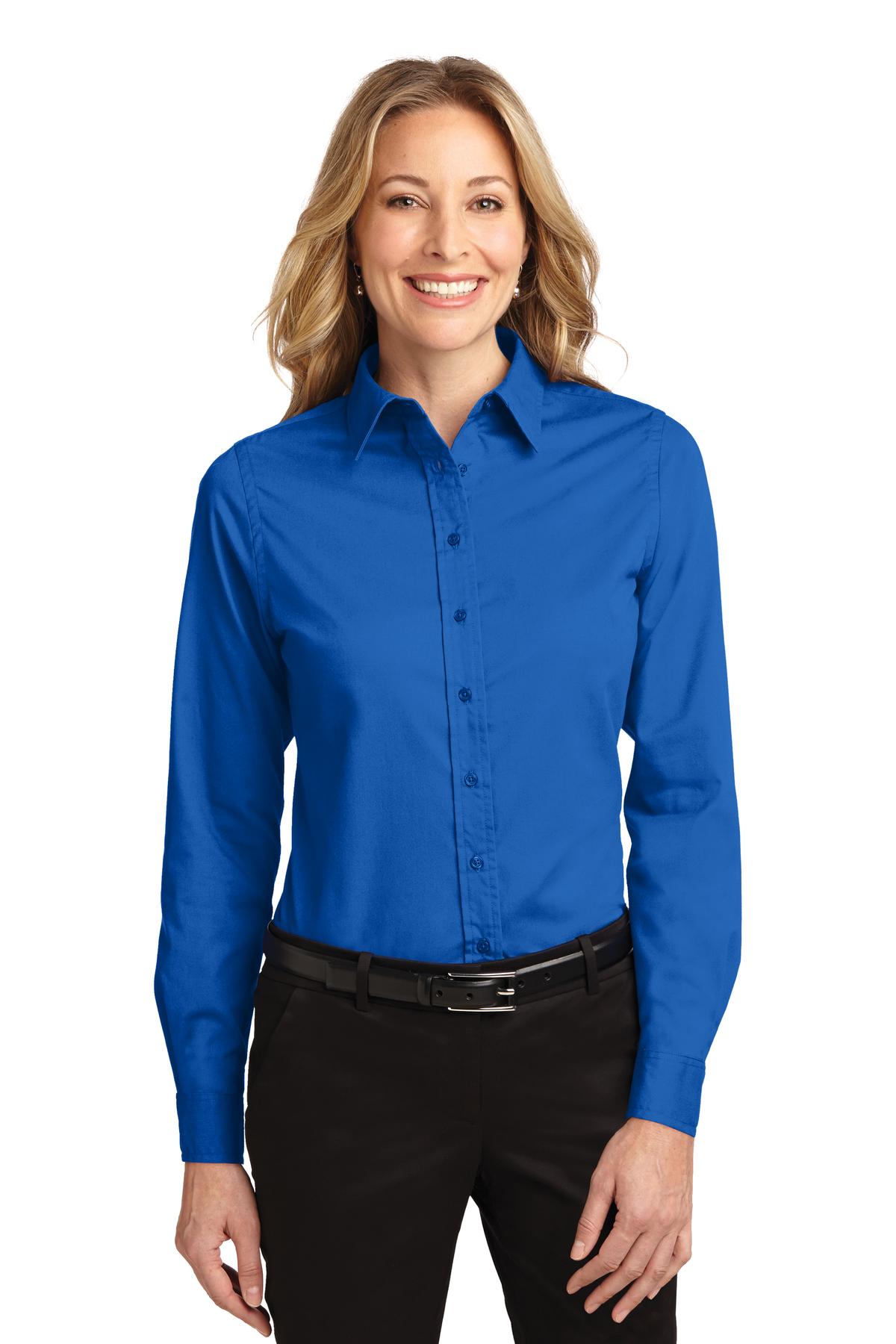 Front View of Strong Blue Port Authority Women's Long Sleeve Easy Care Shirt. L608