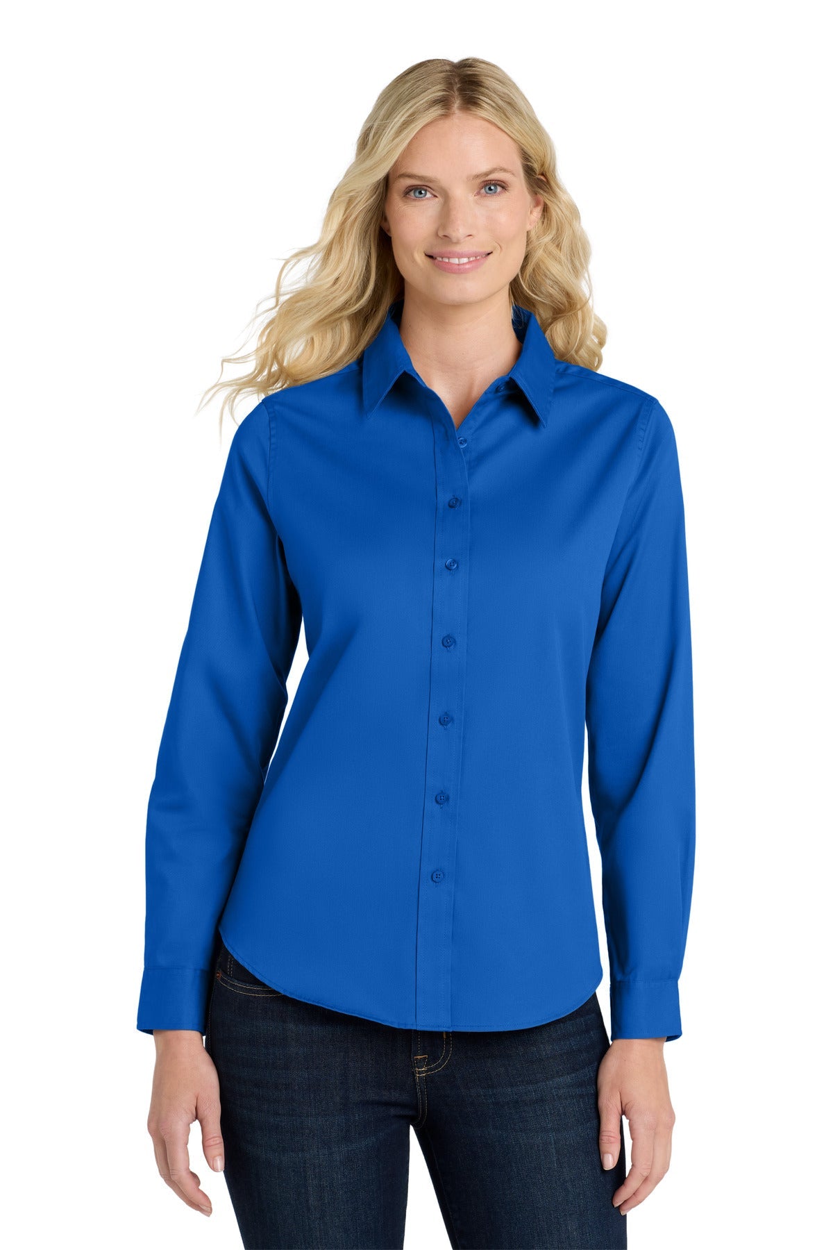 Front View of Strong Blue Port Authority Women's Long Sleeve Easy Care Shirt. L608