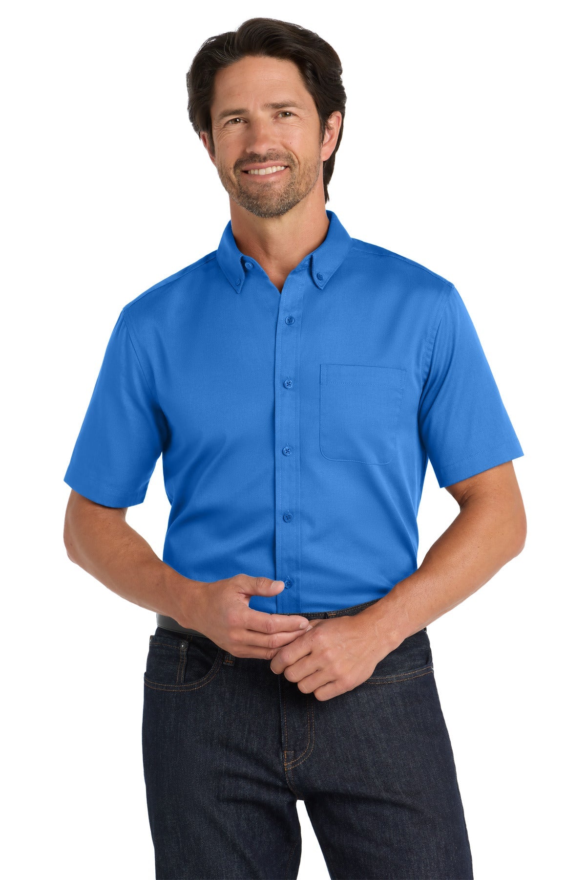 Front View of StrongBlue Port Authority Short Sleeve SuperPro React Twill Shirt. W809