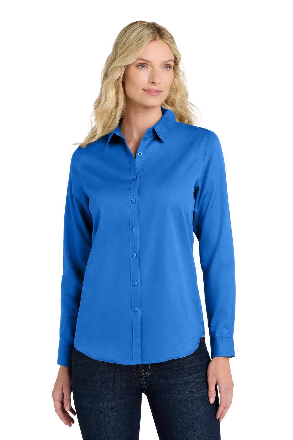 Front View of StrongBlue Port Authority Women's Long Sleeve SuperPro React Twill Shirt. LW808