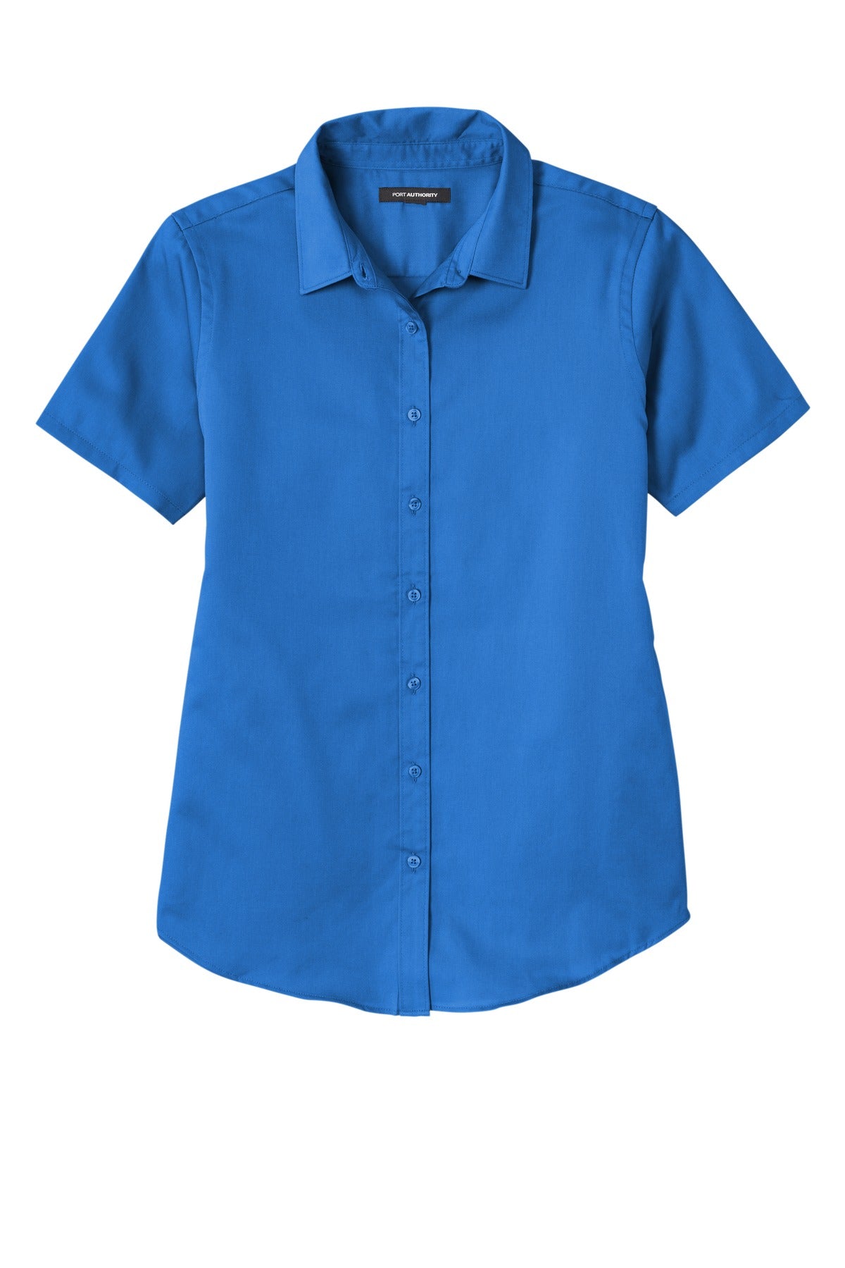 Front View of StrongBlue Port Authority Women's Short Sleeve SuperPro React Twill Shirt. LW809