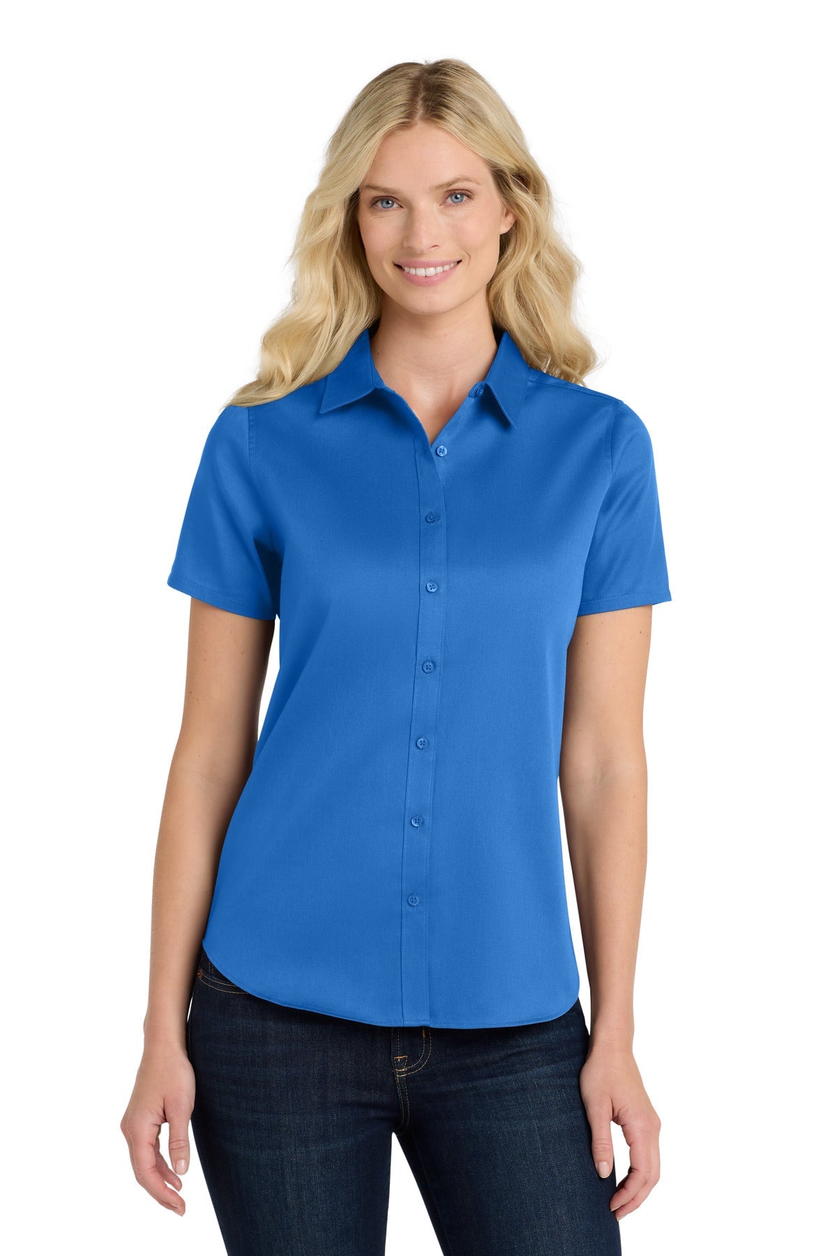 Front View of StrongBlue Port Authority Women's Short Sleeve SuperPro React Twill Shirt. LW809