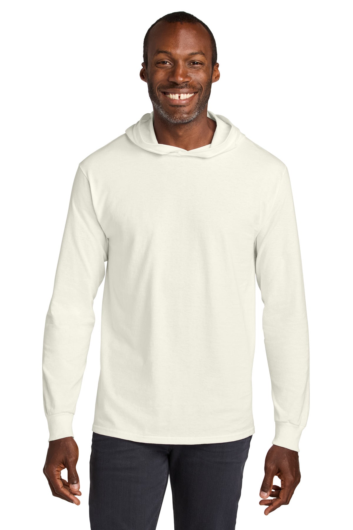 Front View of SwtCrmHthr Jerzees Classics Unisex Cotton Long Sleeve Hooded T-Shirt 363LH
