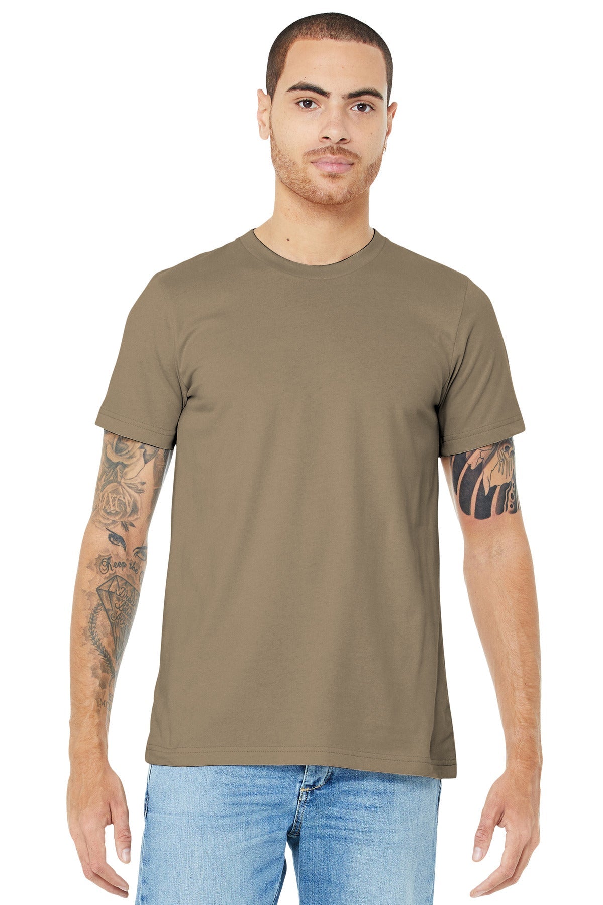 Front View of Tan BELLA+CANVAS Unisex Jersey Short Sleeve Tee. BC3001