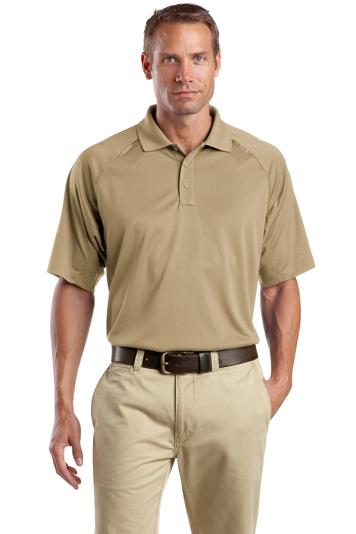 Front View of Tan CornerStone - Select Snag-Proof Tactical Polo. CS410