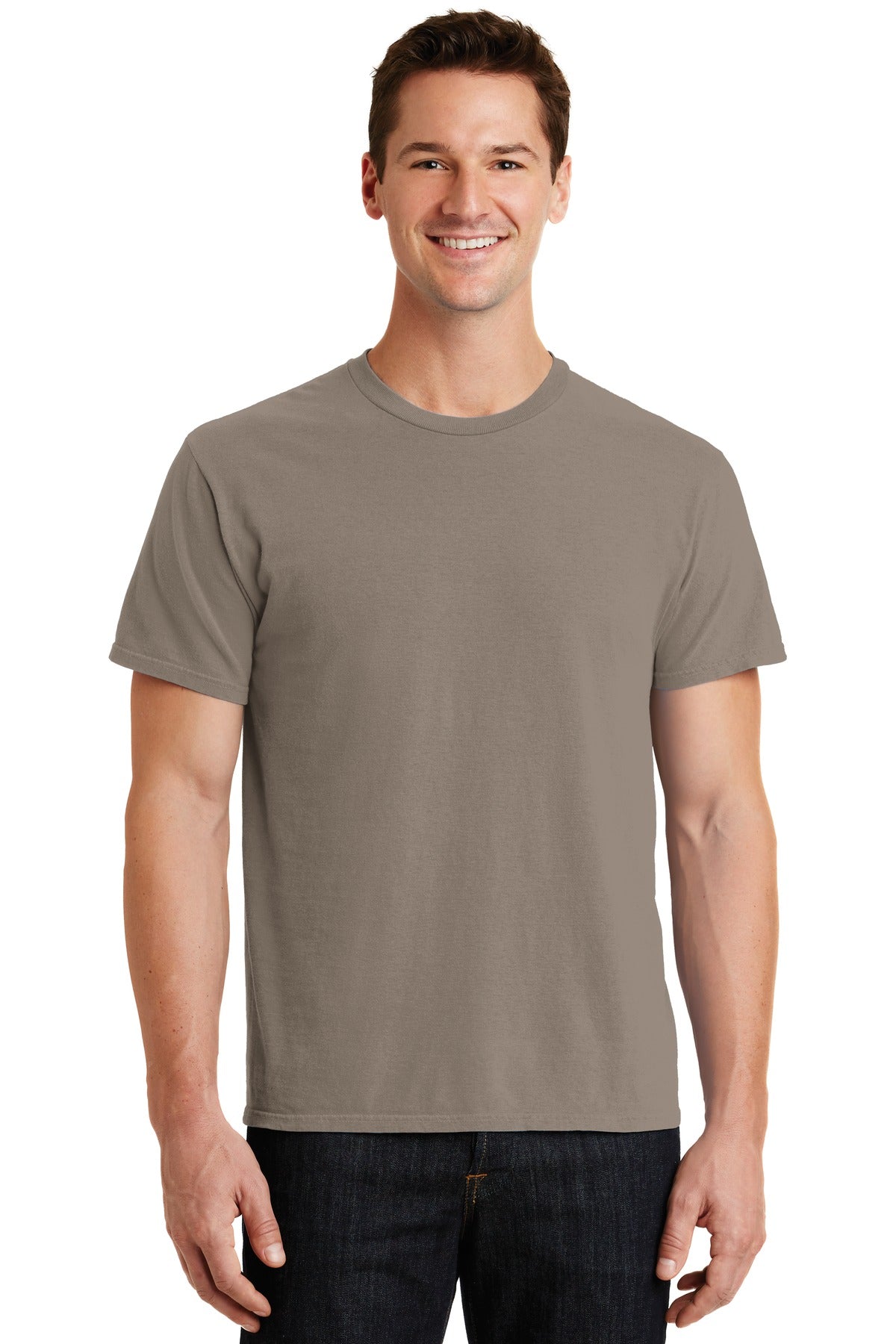 Front View of Taupe Port & Co Beach Wash Garment-Dyed Tee. PC099