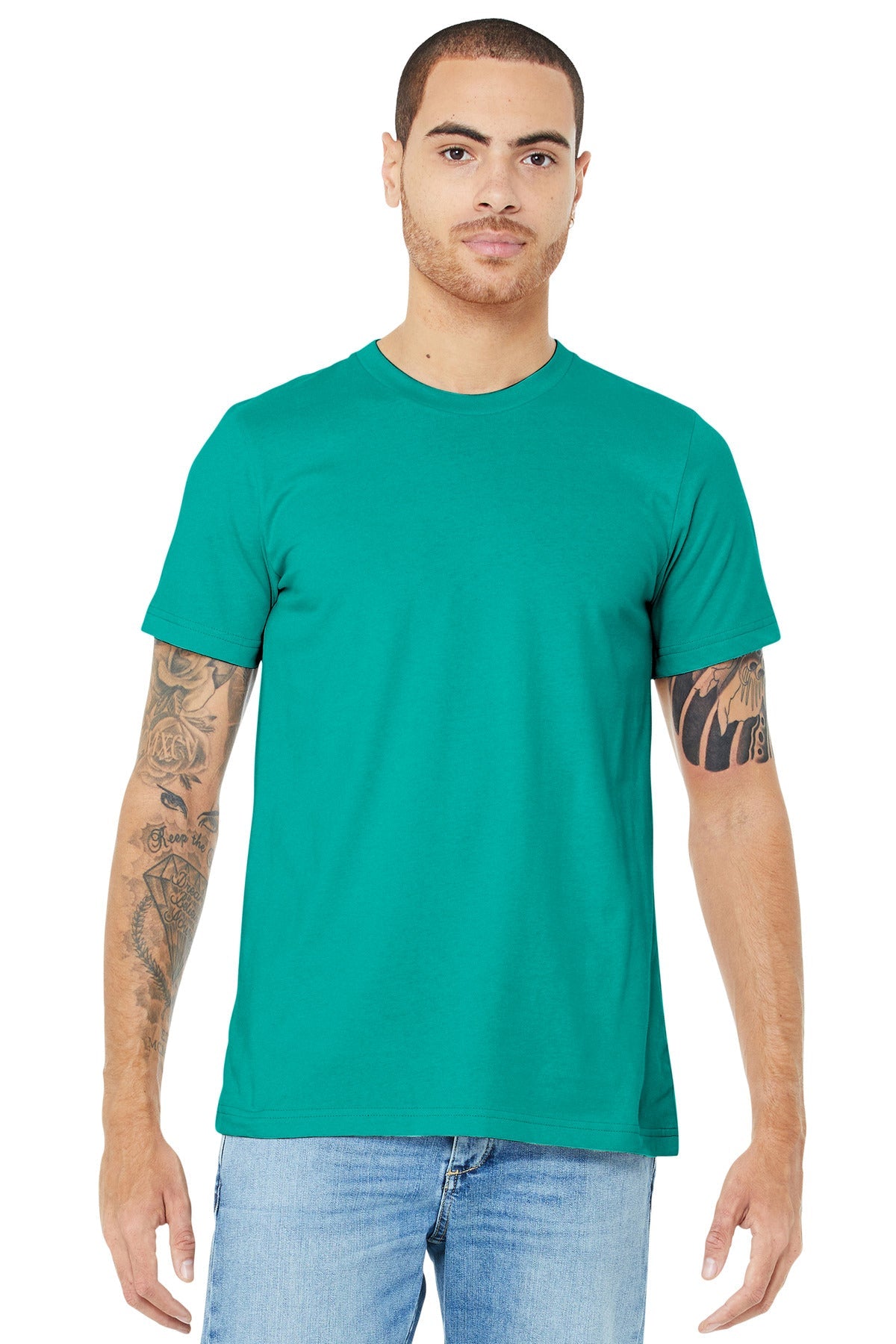 Front View of Teal BELLA+CANVAS Unisex Jersey Short Sleeve Tee. BC3001