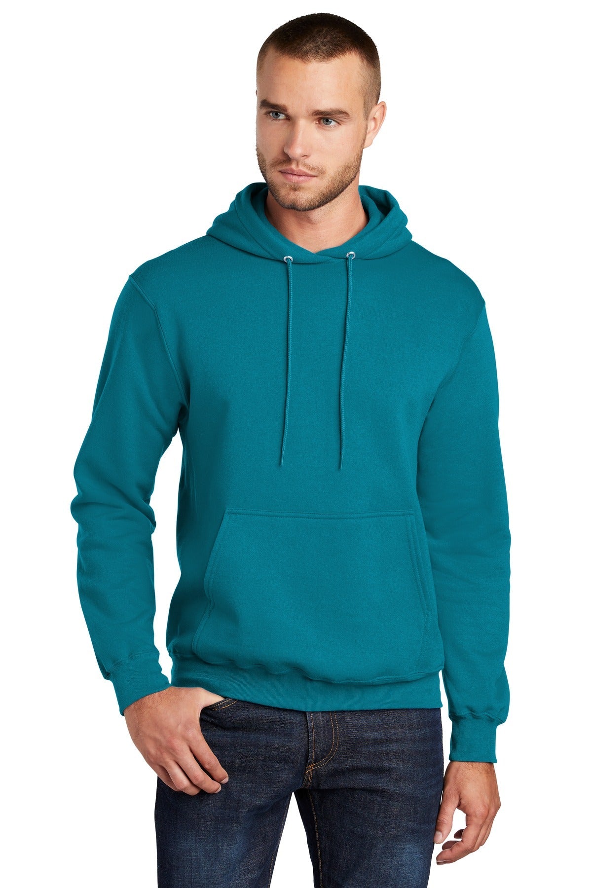 Front View of Teal Port & Co Core Fleece Pullover Hooded Sweatshirt. PC78H