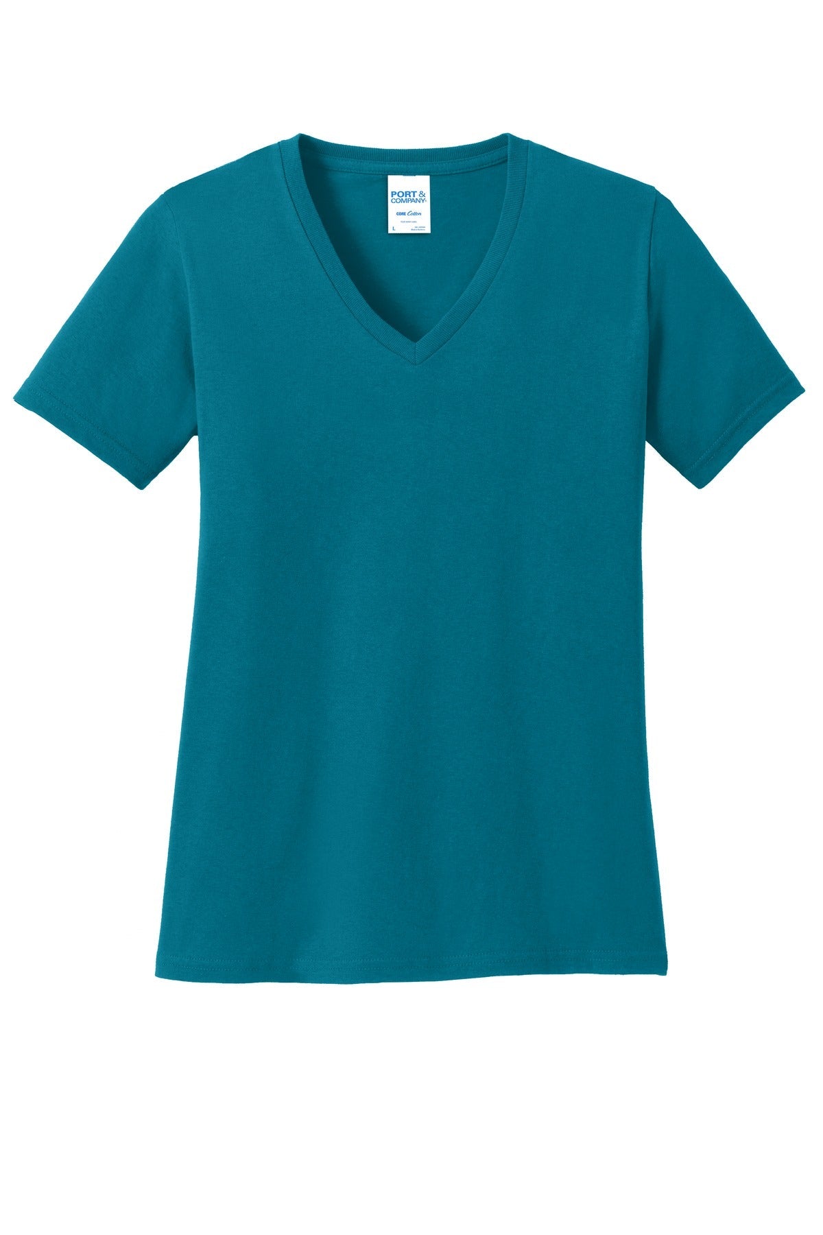 Front View of Teal Port & Co Women's Core Cotton V-Neck Tee. LPC54V
