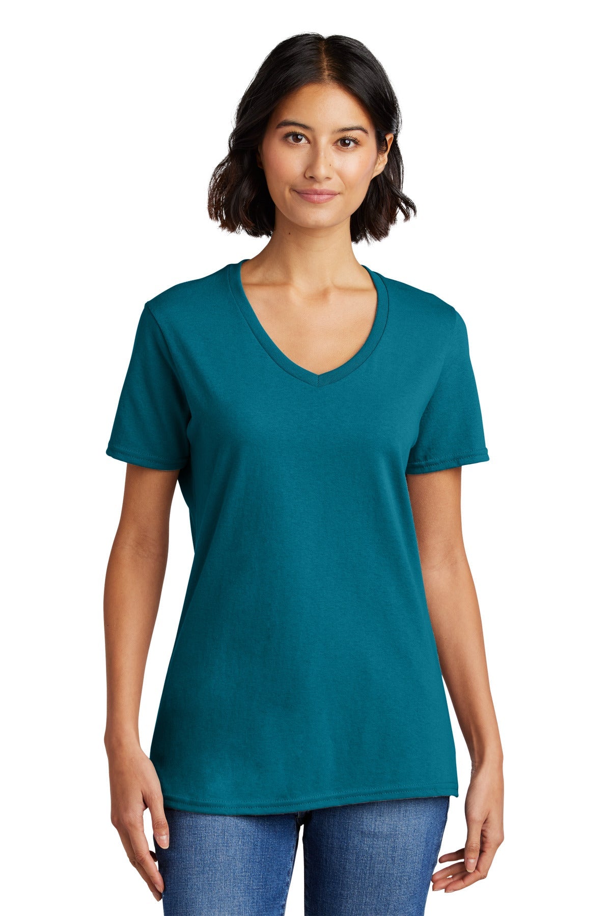 Front View of Teal Port & Co Women's Core Cotton V-Neck Tee. LPC54V