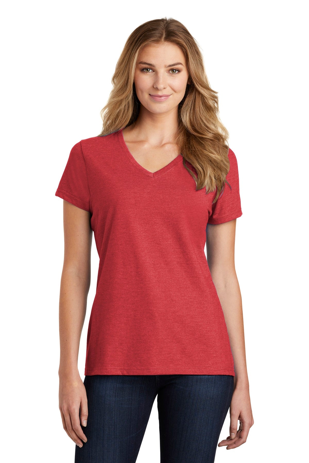 Front View of Team Card Hthr Port & Co Women's Fan Favorite Blend V-Neck Tee. LPC455V