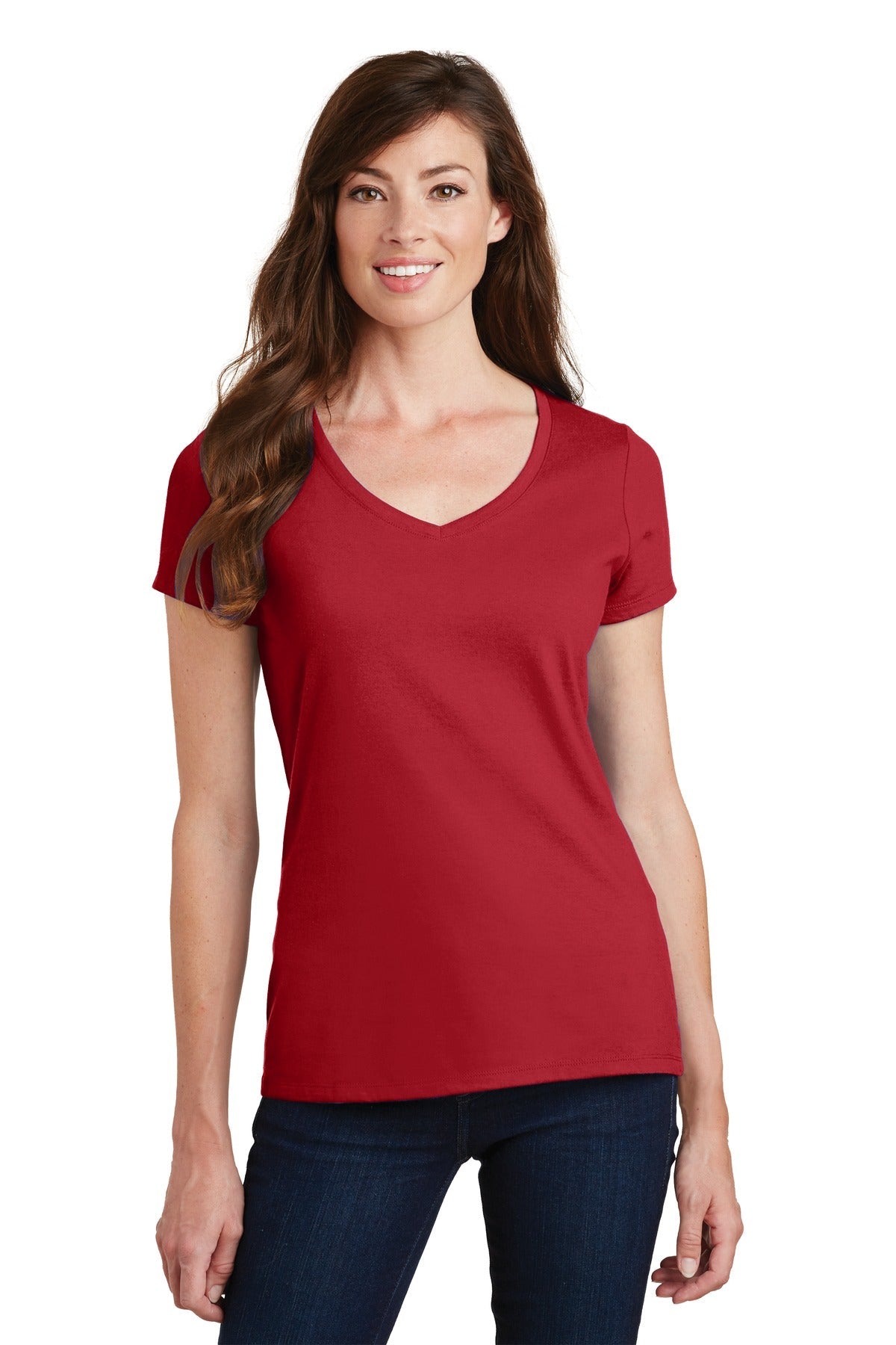 Front View of Team Cardinal Port & Co Women's Fan Favorite V-Neck Tee. LPC450V