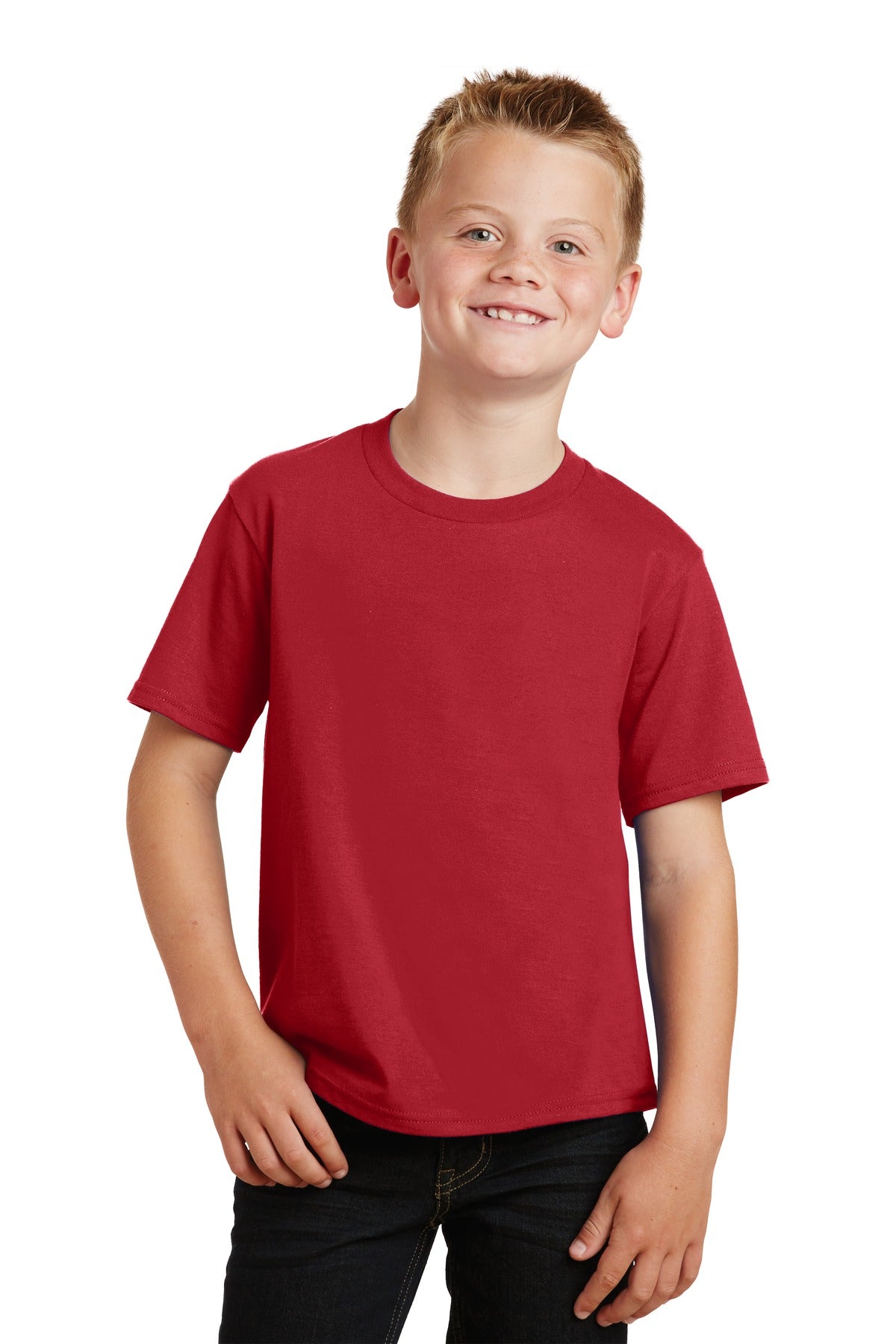 Front View of Team Cardinal Port & Co Youth Fan Favorite Tee. PC450Y