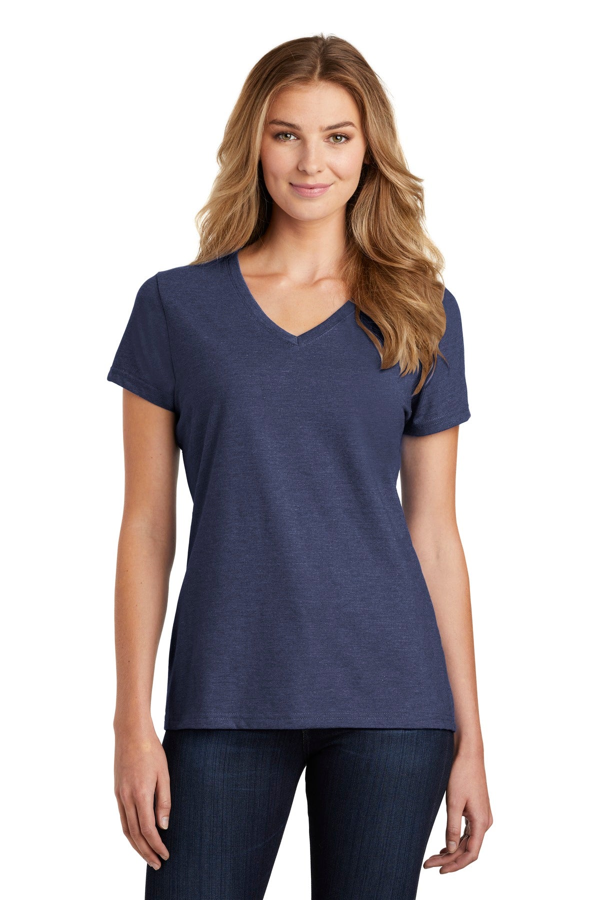 Front View of Team Navy Hthr Port & Co Women's Fan Favorite Blend V-Neck Tee. LPC455V