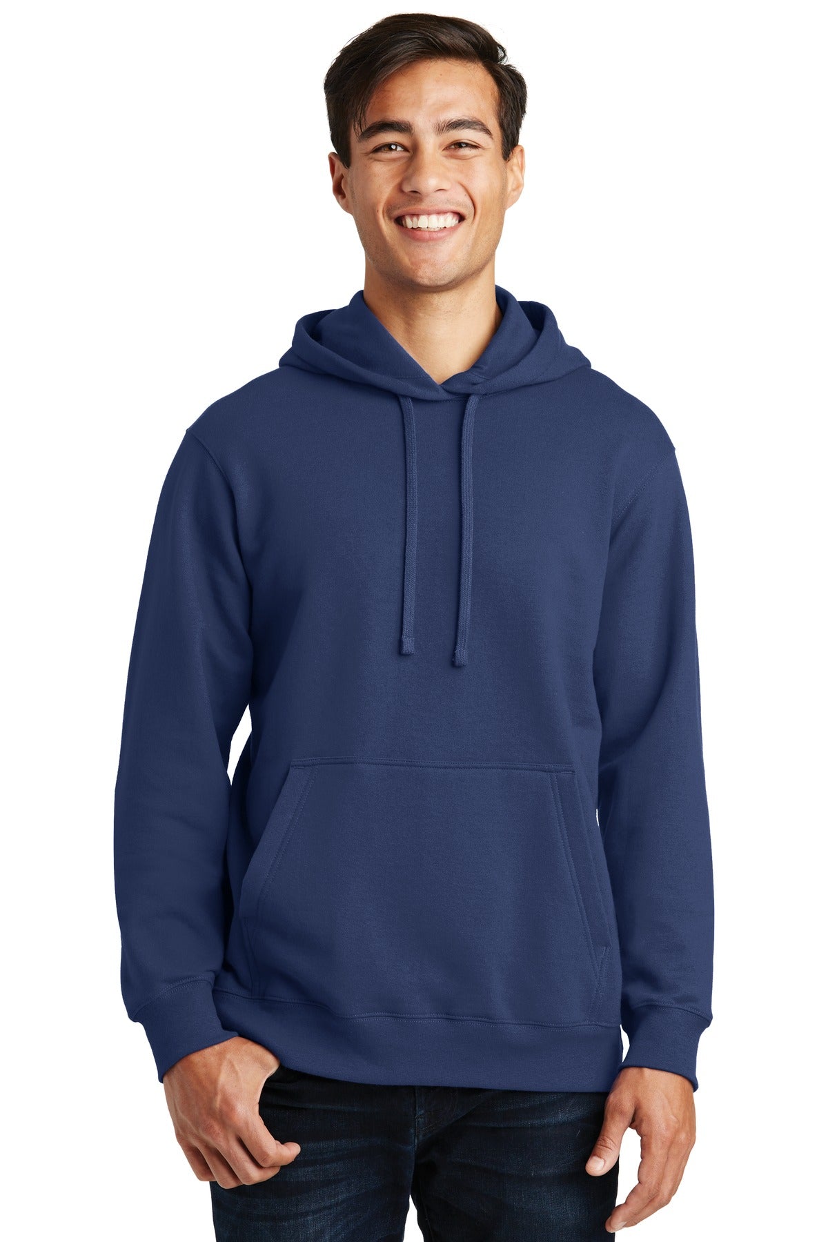 Front View of Team Navy Port & Co Fan Favorite Fleece Pullover Hooded Sweatshirt. PC850H