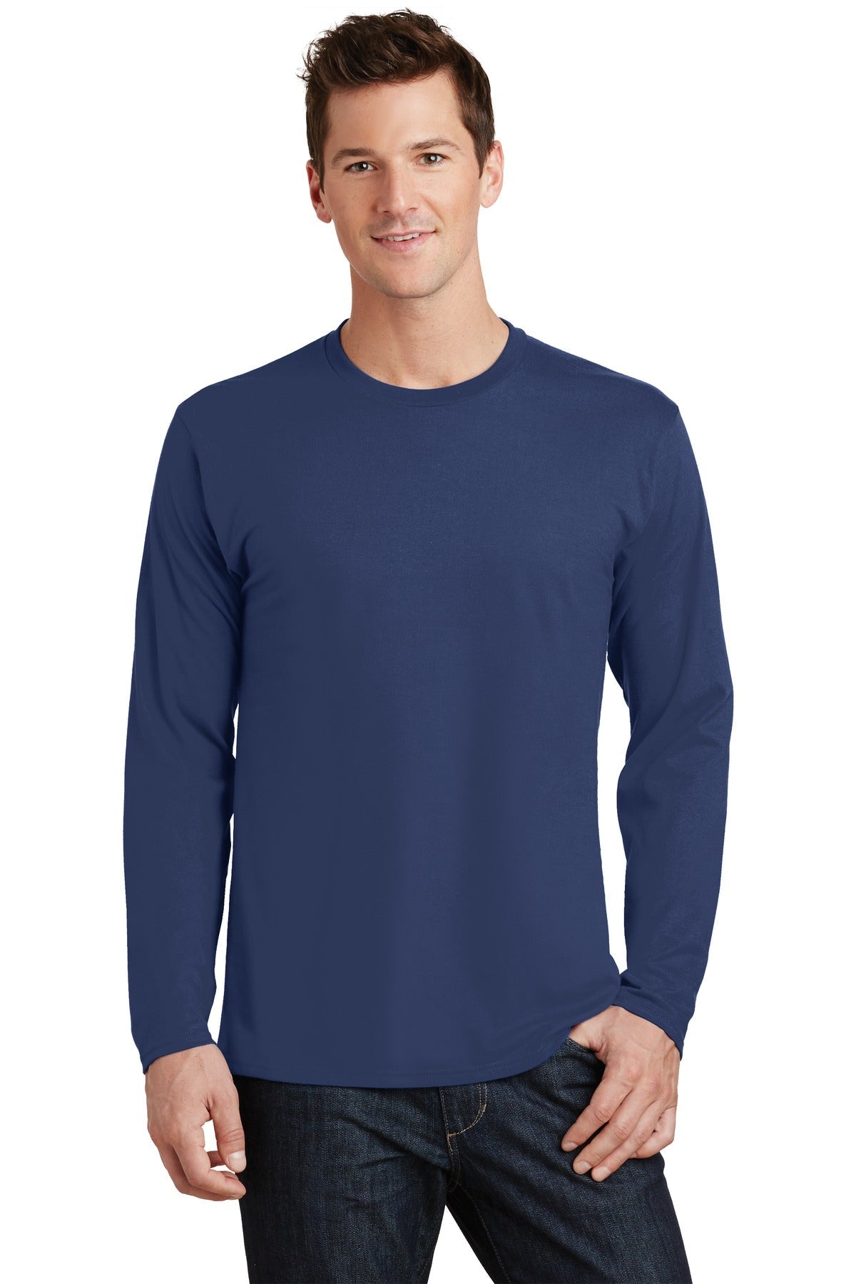 Front View of Team Navy Port & Co Long Sleeve Fan Favorite Tee. PC450LS