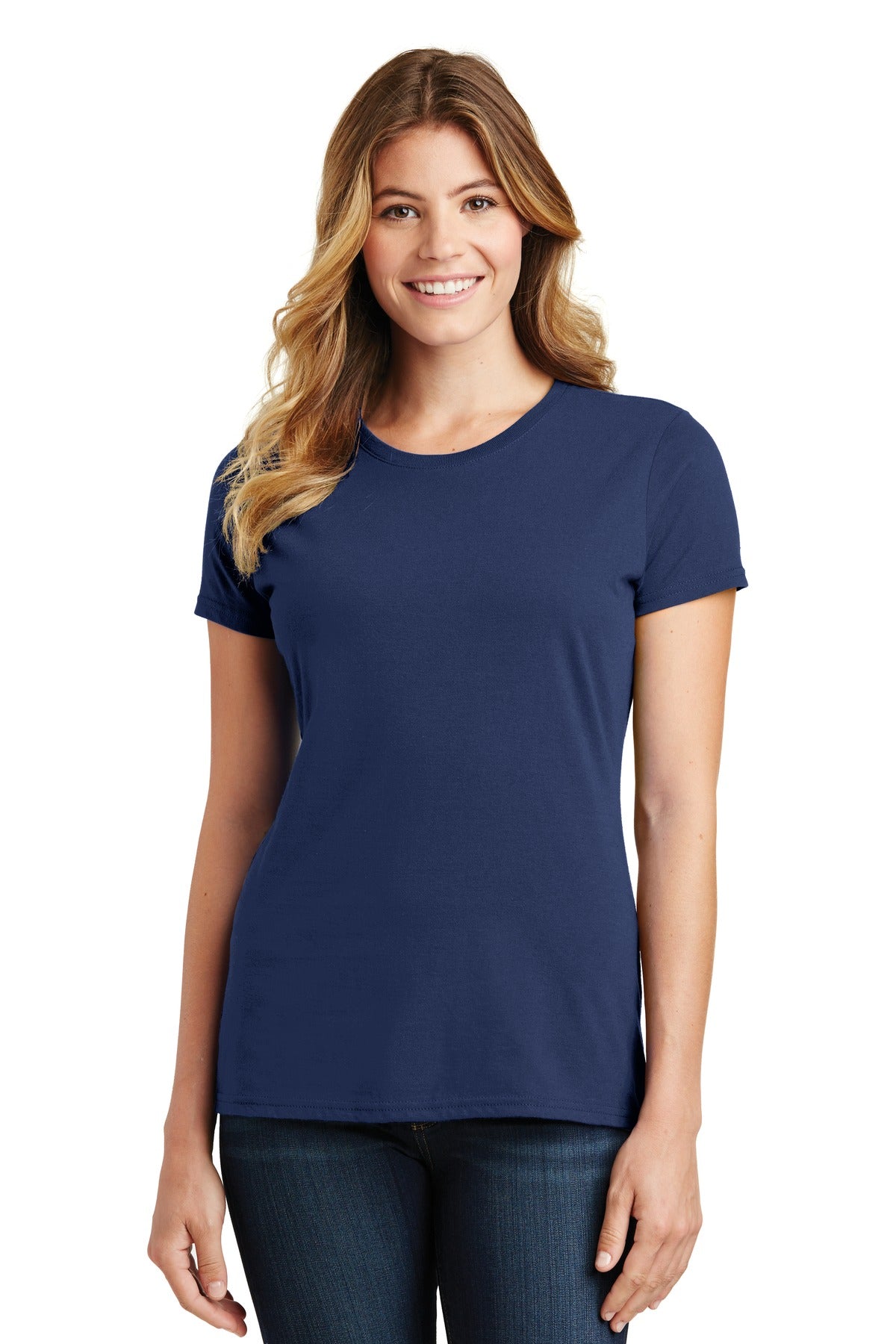 Front View of Team Navy Port & Co Women's Fan Favorite Tee. LPC450