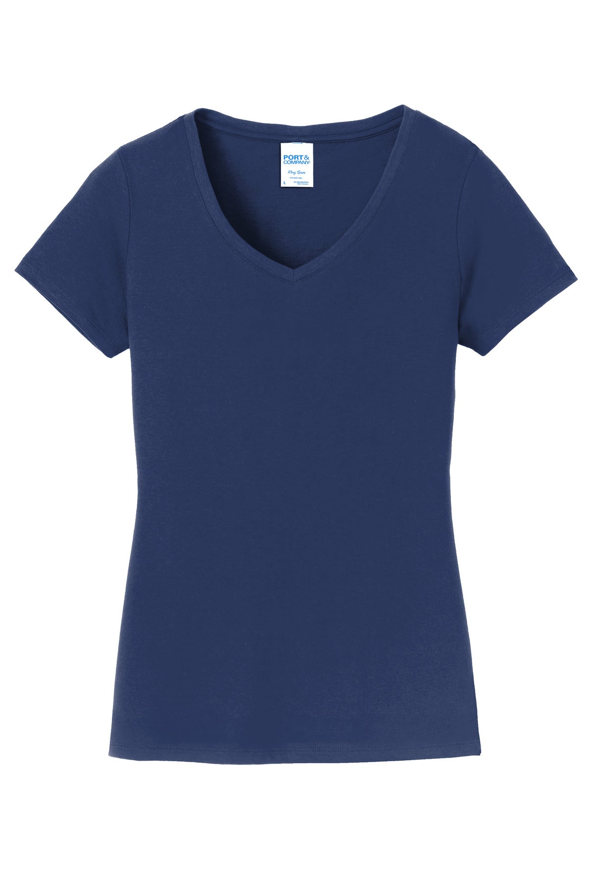 Front View of Team Navy Port & Co Women's Fan Favorite V-Neck Tee. LPC450V