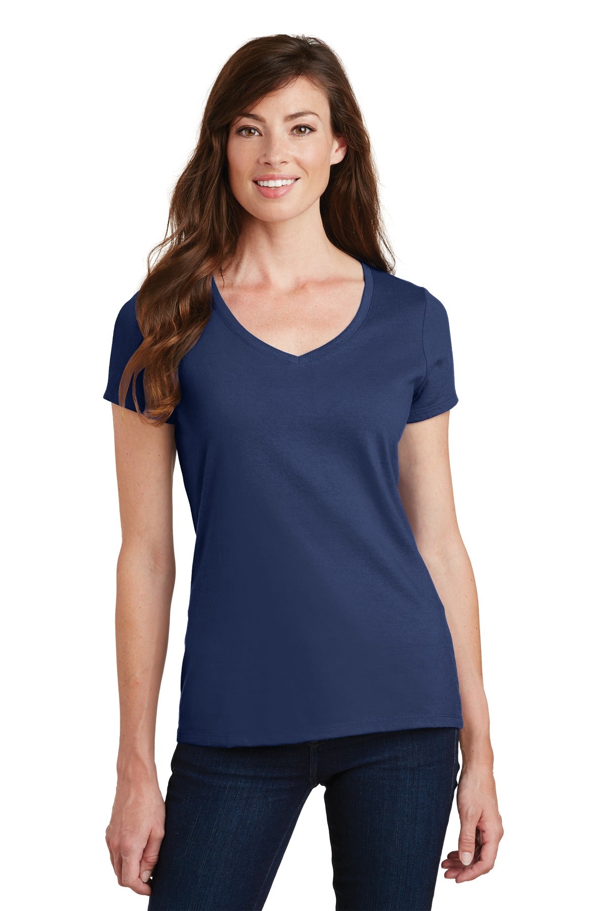 Front View of Team Navy Port & Co Women's Fan Favorite V-Neck Tee. LPC450V
