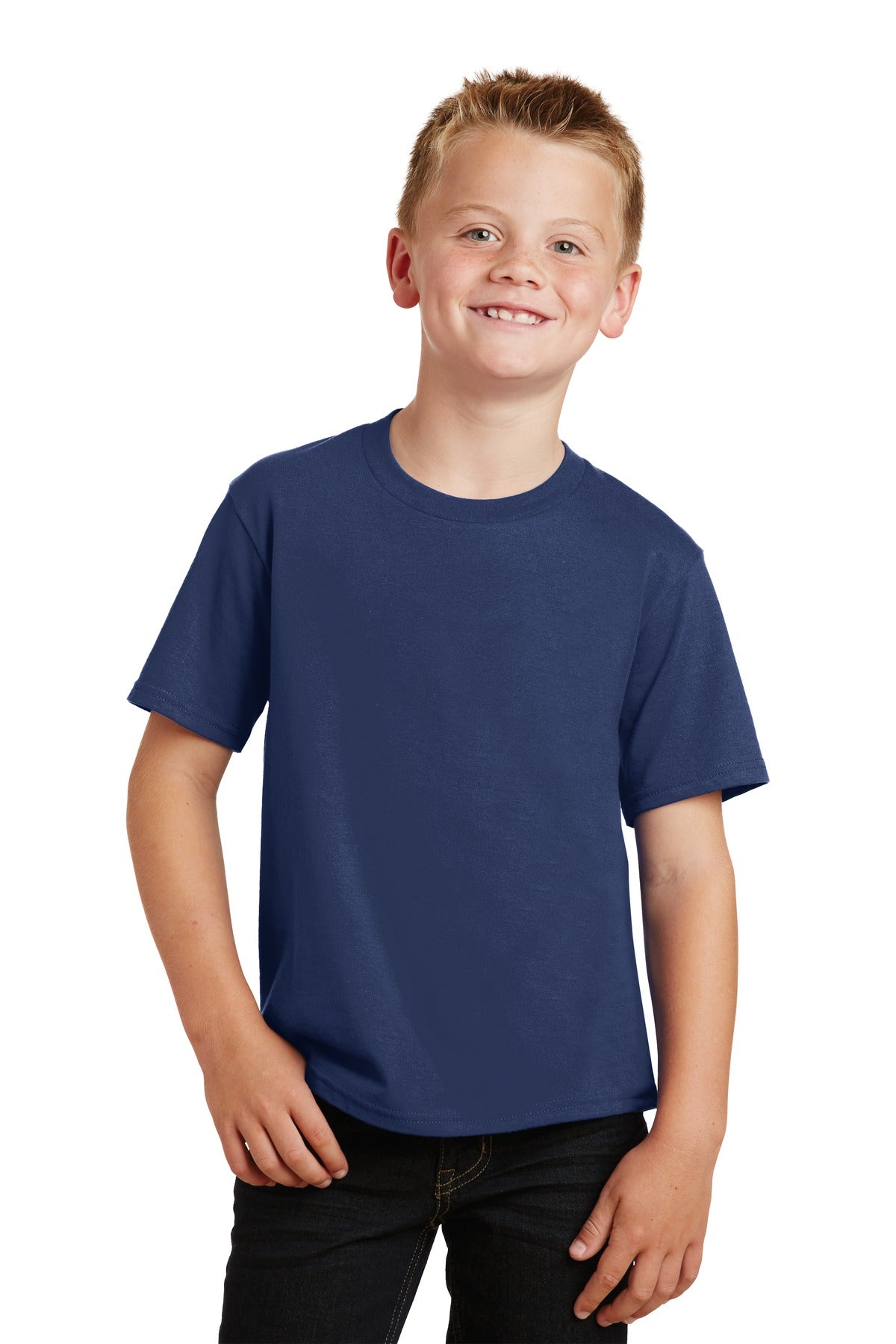 Front View of Team Navy Port & Co Youth Fan Favorite Tee. PC450Y