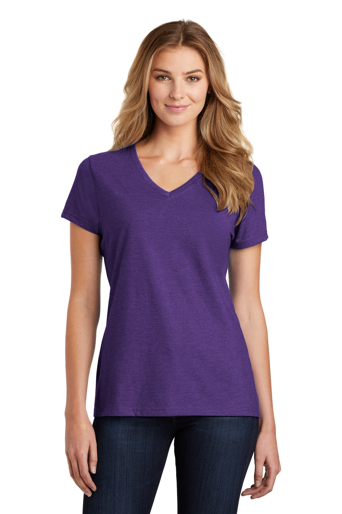 Front View of Team Purp Hthr Port & Co Women's Fan Favorite Blend V-Neck Tee. LPC455V