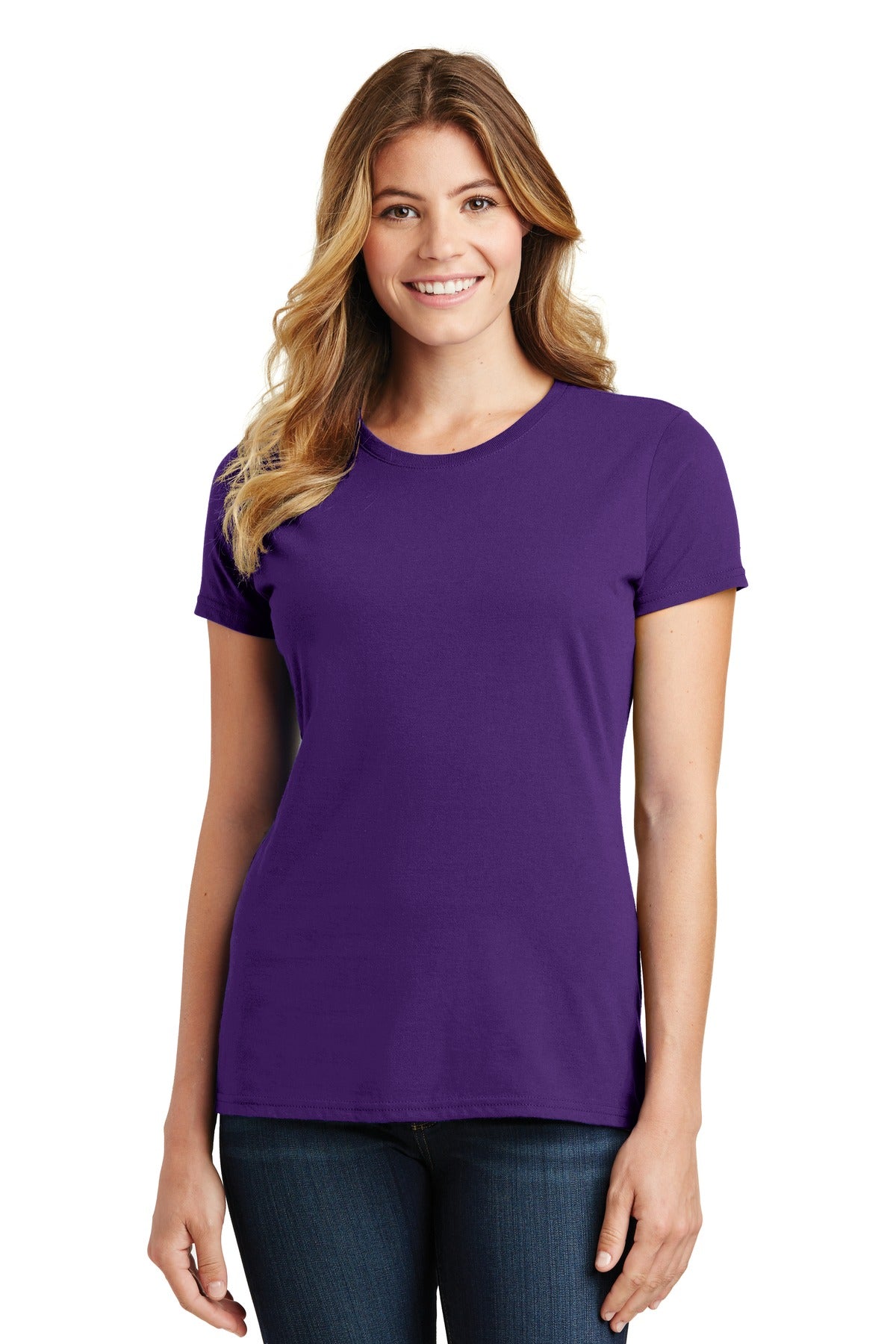 Front View of Team Purple Port & Co Women's Fan Favorite Tee. LPC450
