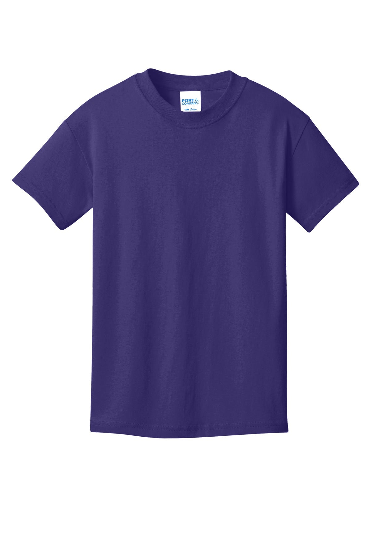 Front View of Team Purple Port & Co Youth Core Cotton Tee. PC54Y