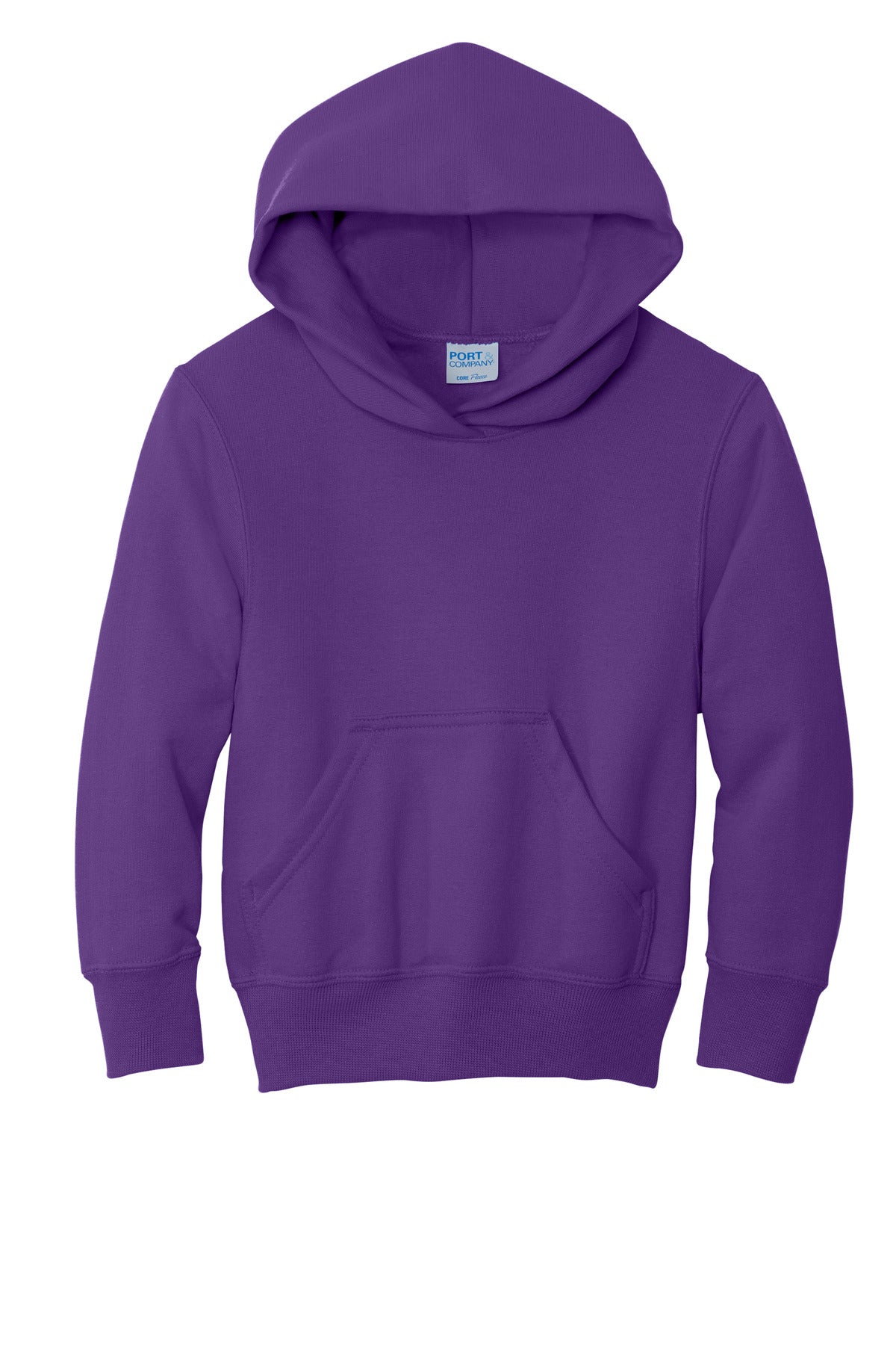 Front View of Team Purple Port & Co Youth Core Fleece Pullover Hooded Sweatshirt. PC90YH