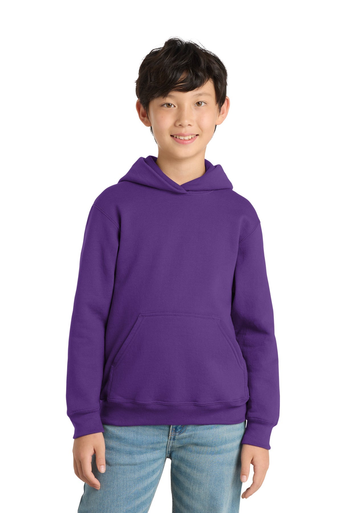 Front View of Team Purple Port & Co Youth Core Fleece Pullover Hooded Sweatshirt. PC90YH