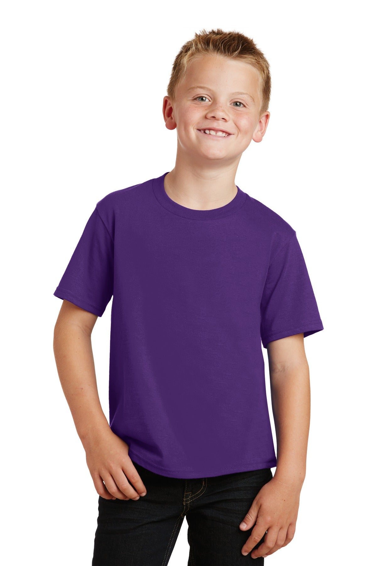 Front View of Team Purple Port & Co Youth Fan Favorite Tee. PC450Y