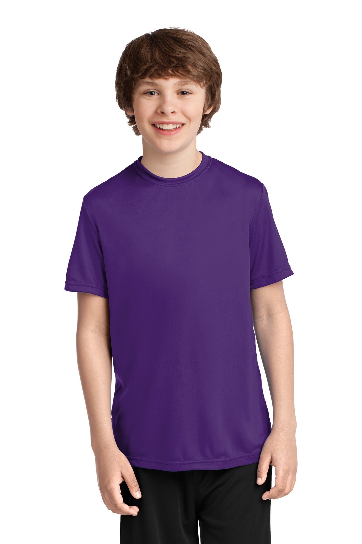 Front View of Team Purple Port & Co Youth Performance Tee. PC380Y