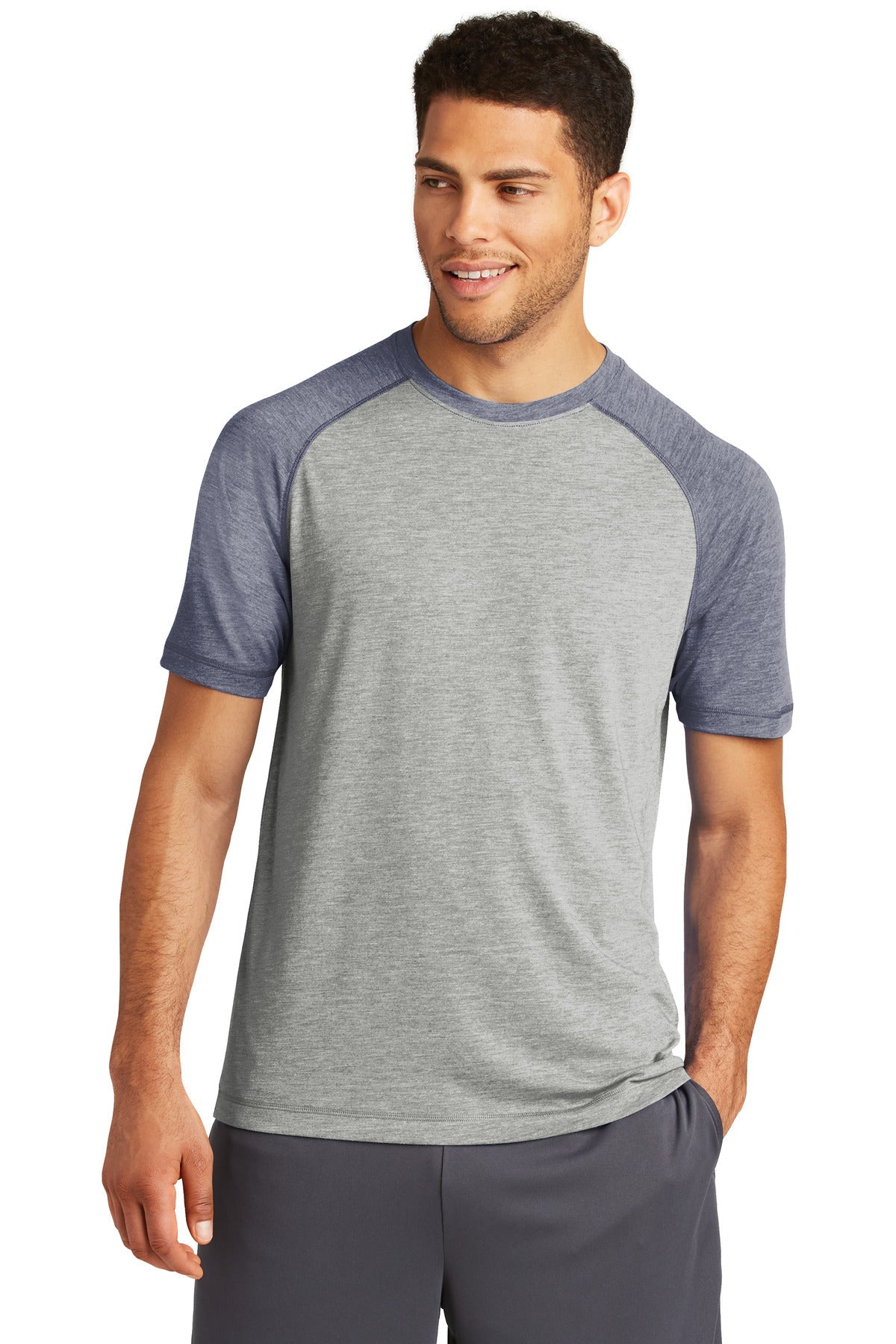 Front View of Tr Navy He/LGH Sport-Tek PosiCharge Tri-Blend Wicking Raglan Tee. ST400