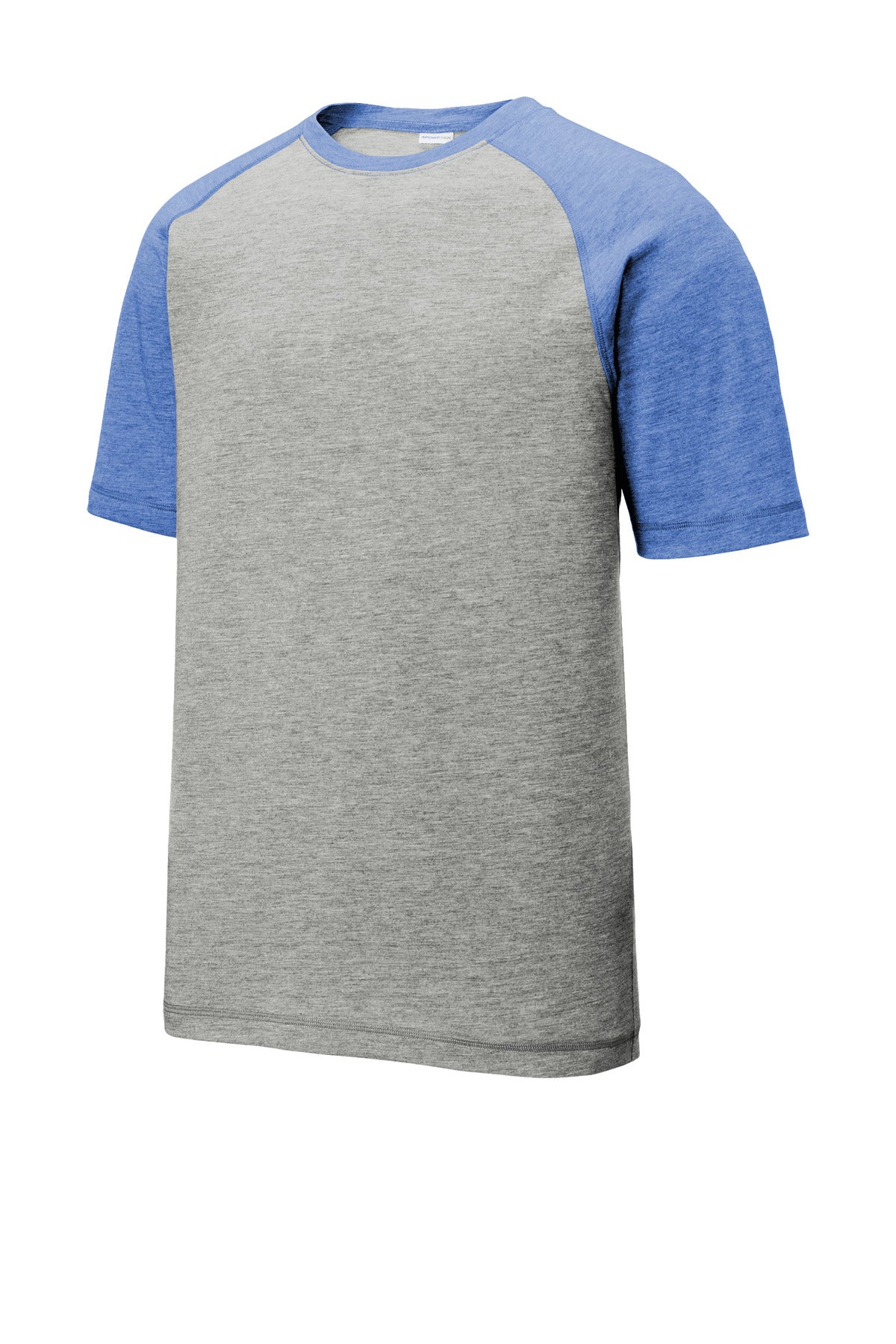 Front View of Tr Royl He/LGH Sport-Tek PosiCharge Tri-Blend Wicking Raglan Tee. ST400