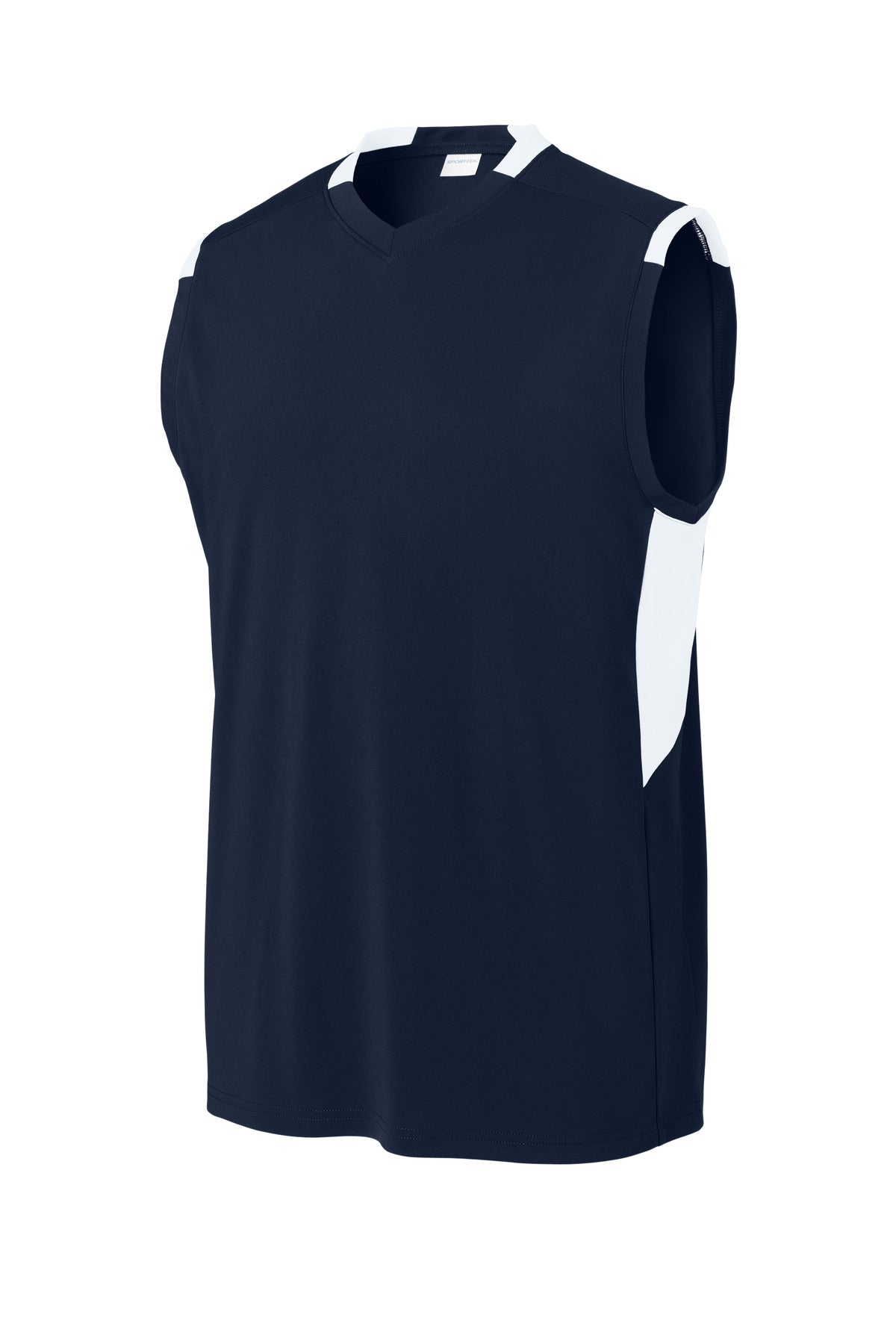 Front View of TrNv/White Sport-Tek Club Sleeveless V-Neck ST441