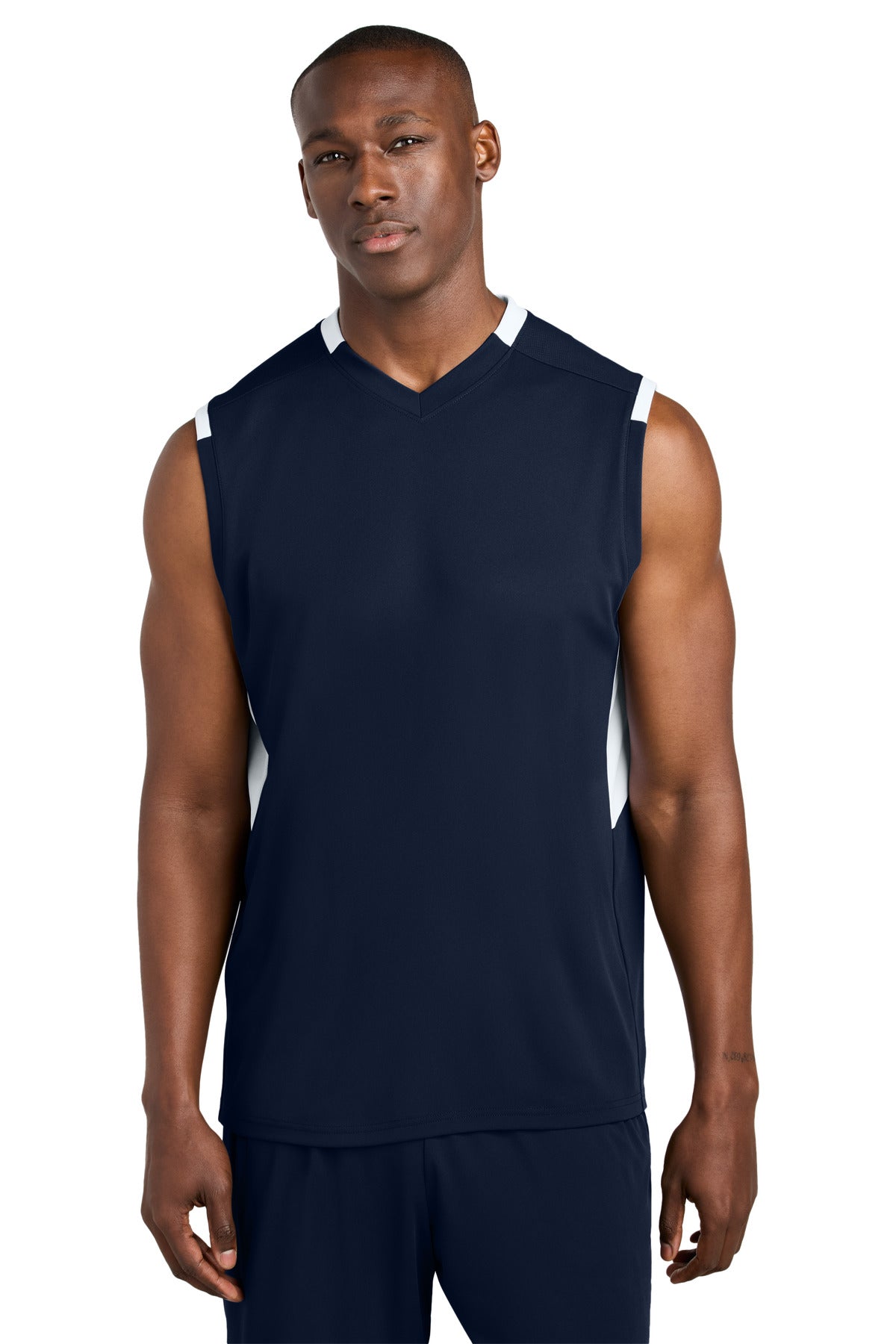 Front View of TrNv/White Sport-Tek Club Sleeveless V-Neck ST441