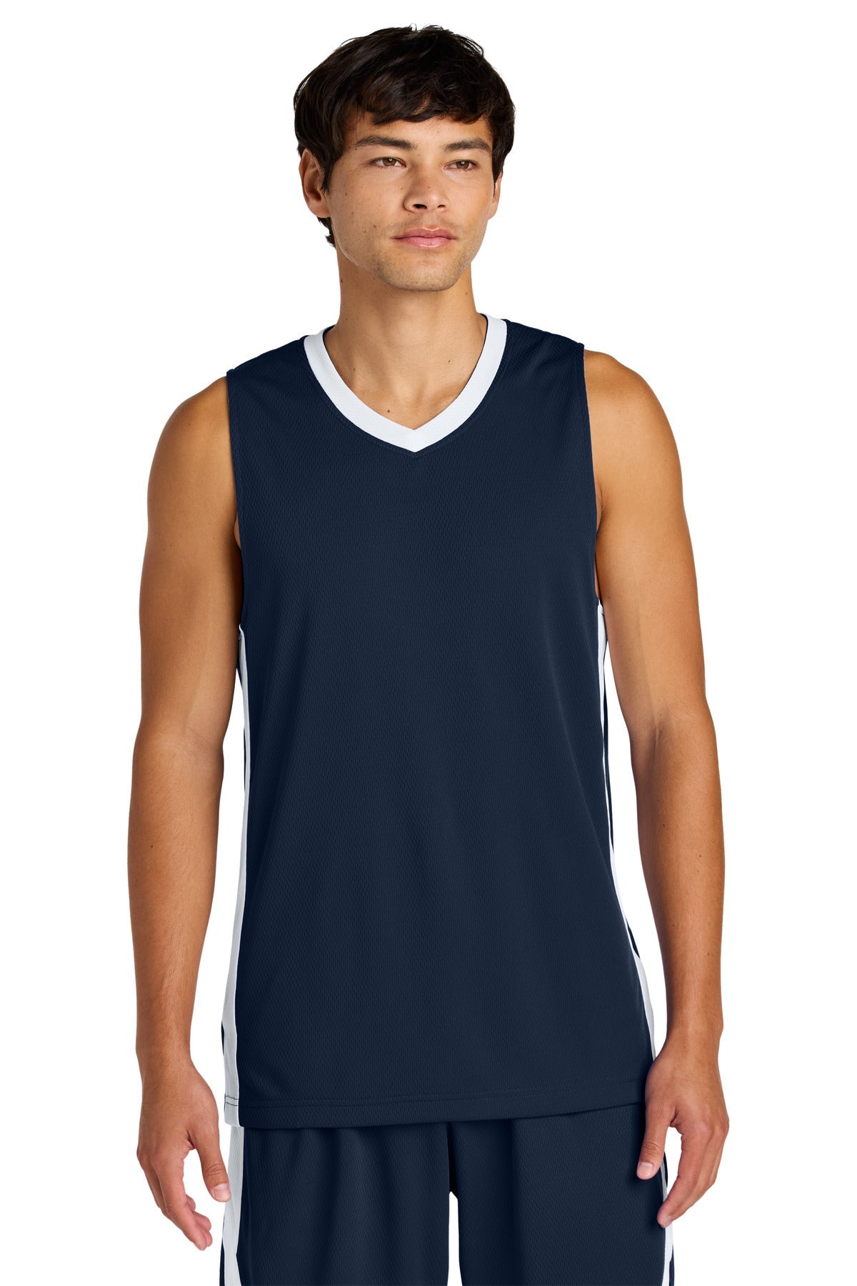 Front View of TrNv/White Sport-Tek Rival Basketball Rev Jersey ST900