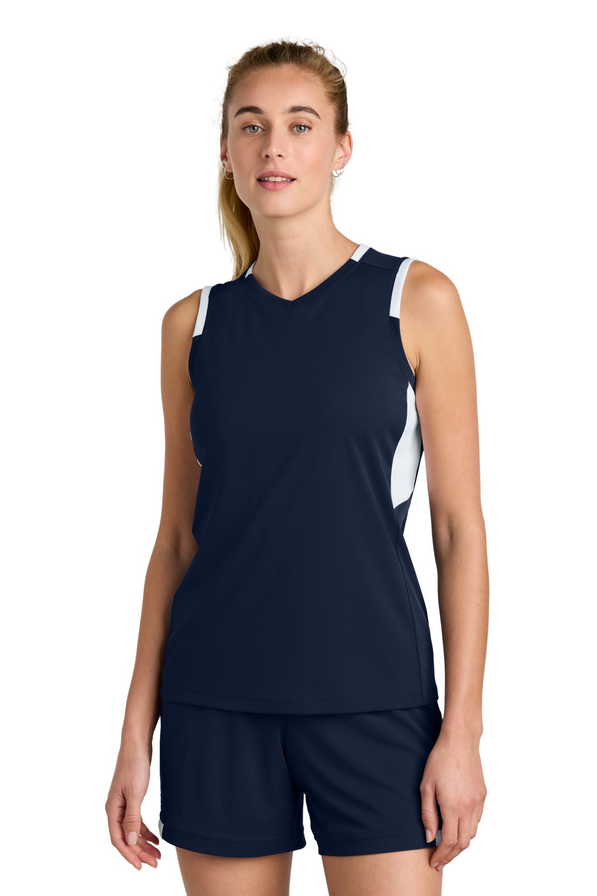 Front View of TrNv/White Sport-Tek Women's Club Sleeveless V-Neck LST441