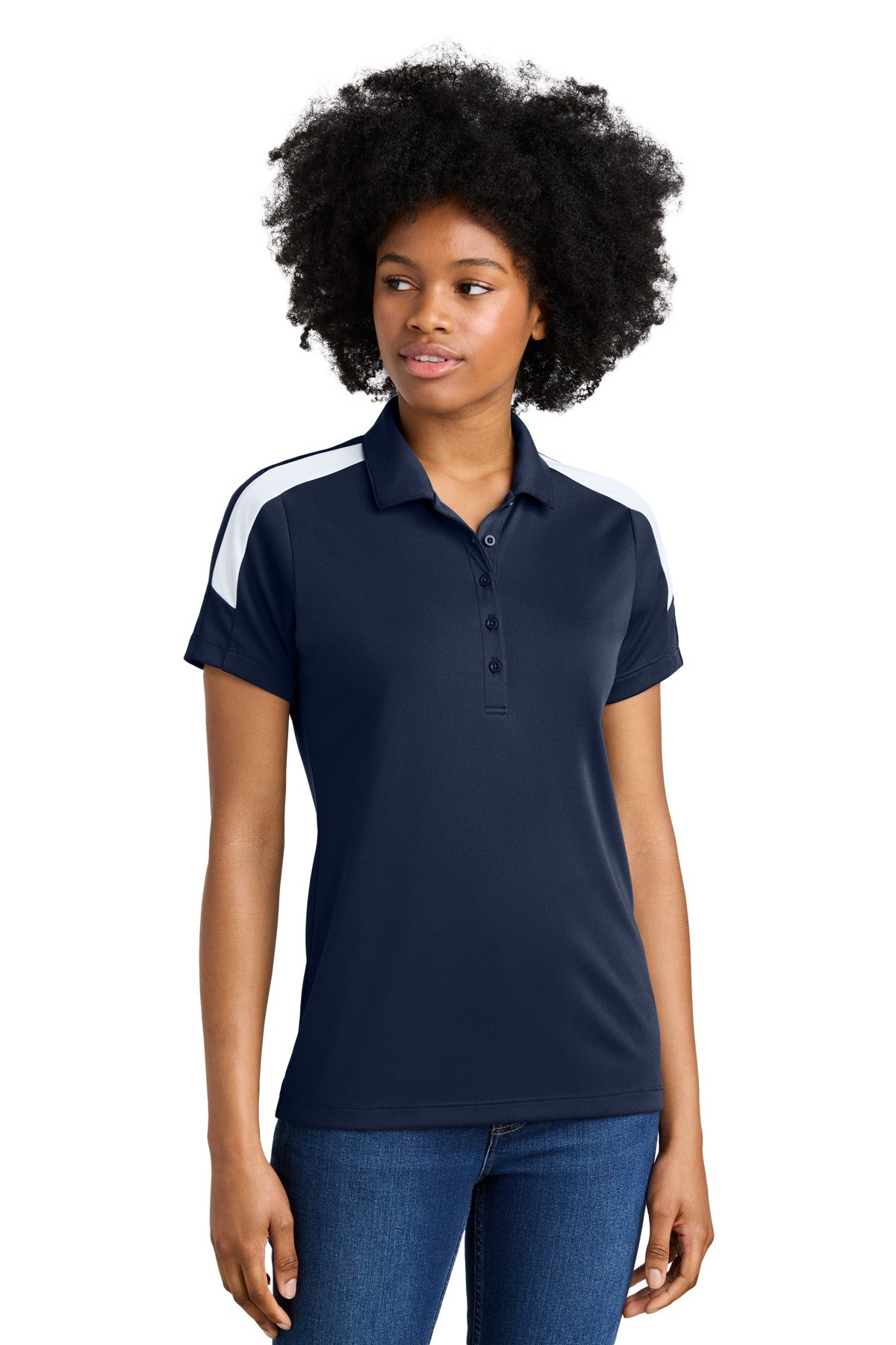 Front View of TrNv/White Sport-Tek Women's Competitor United Polo LST104