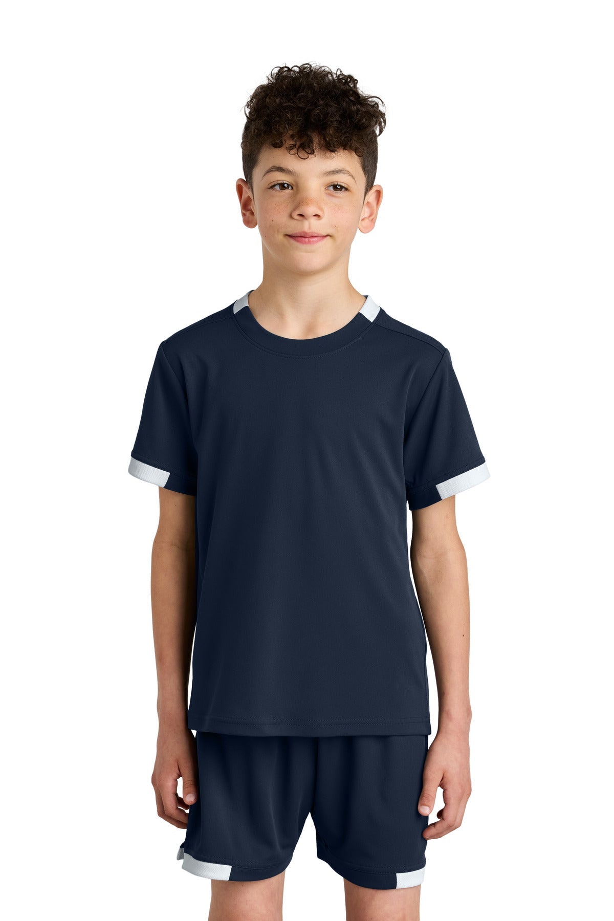 Front View of TrNv/White Sport-Tek Youth Club Short Sleeve Crew YST440