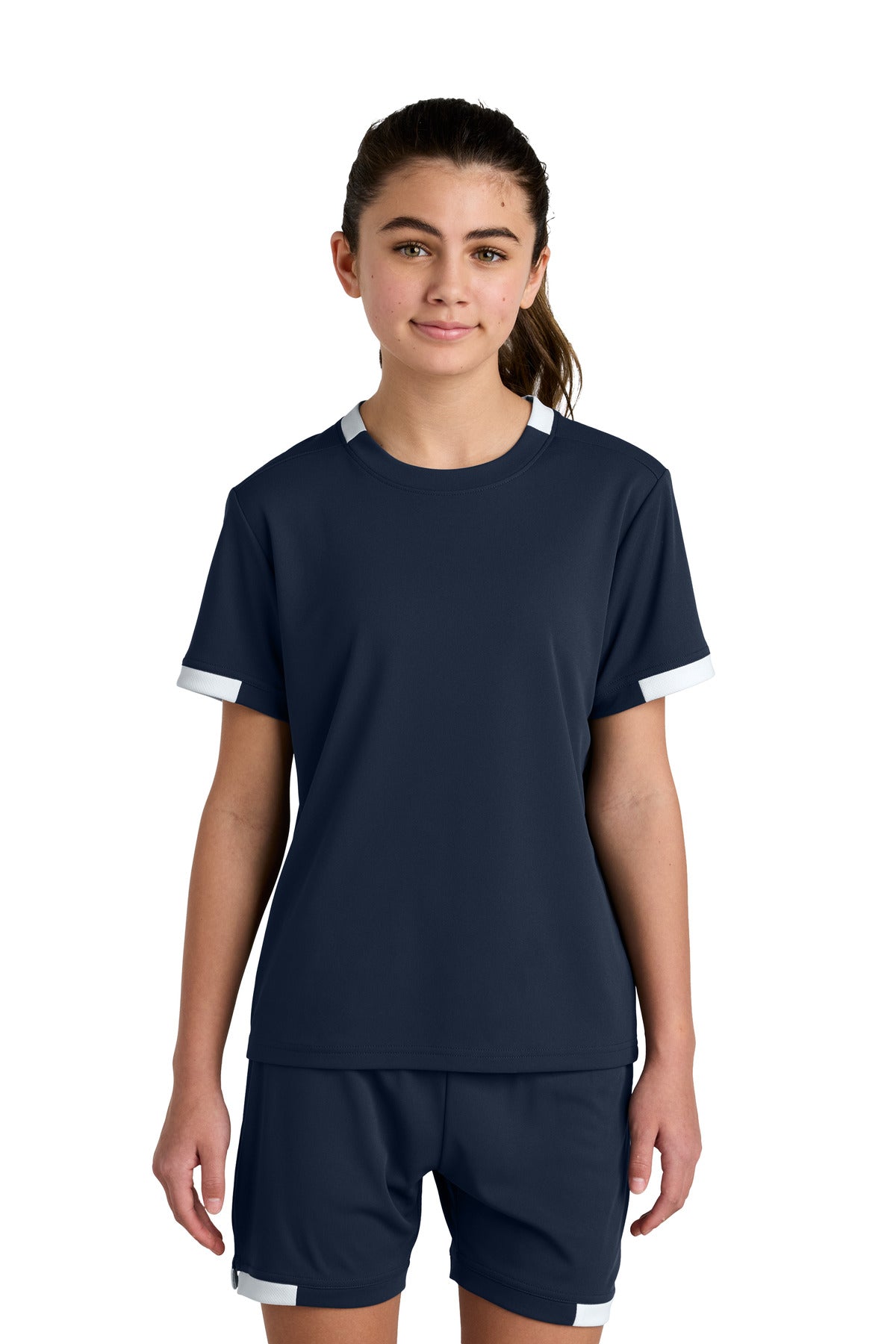 Front View of TrNv/White Sport-Tek Youth Club Short Sleeve Crew YST440