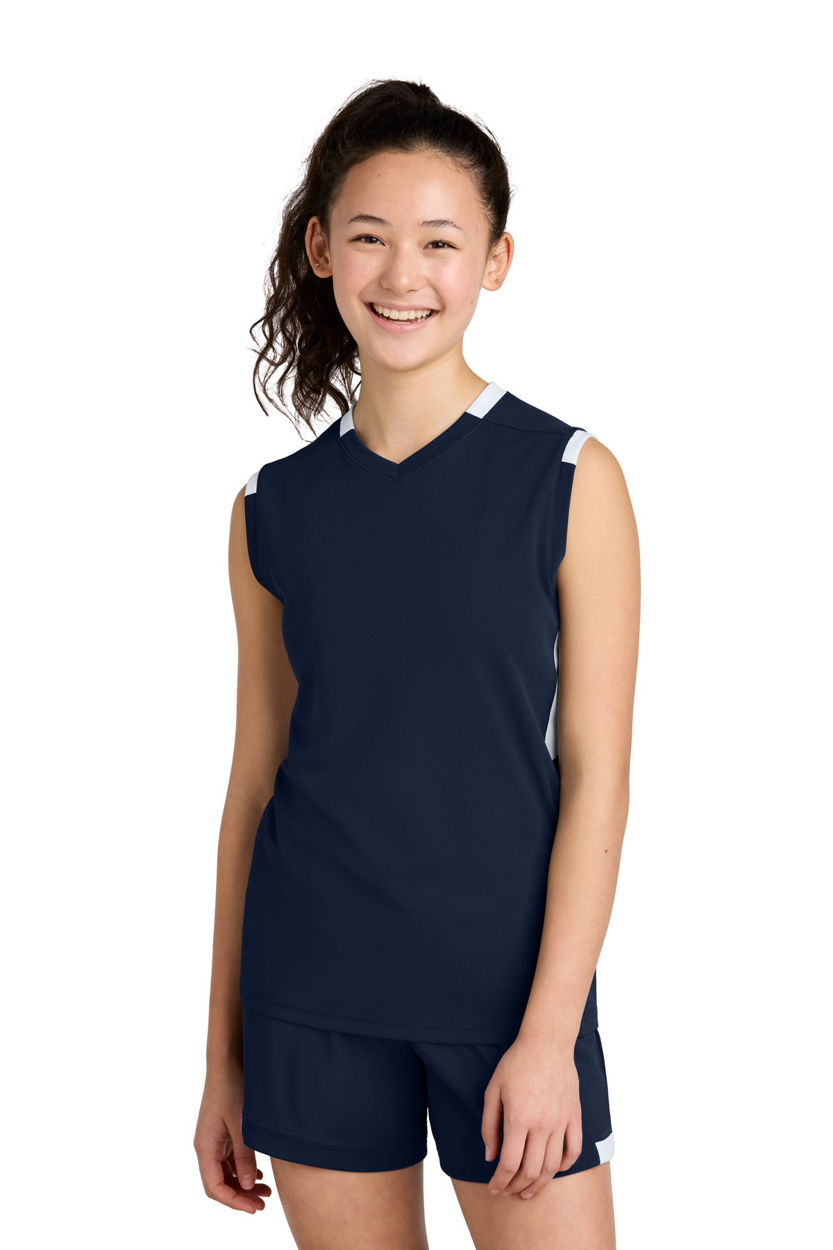Front View of TrNv/White Sport-Tek Youth Club Sleeveless V-Neck YST441