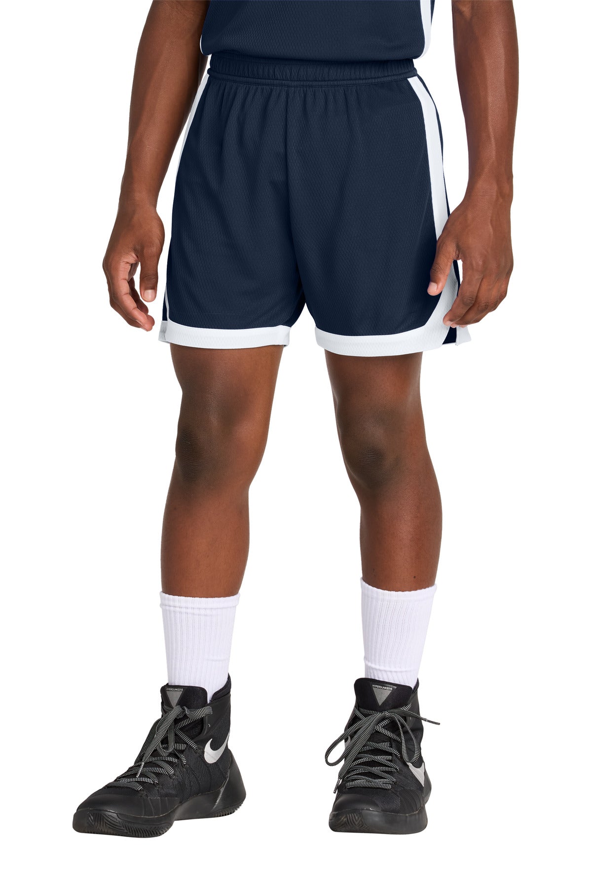 Front View of TrNv/White Sport-Tek Youth Rival Basketball 5" Short YST901