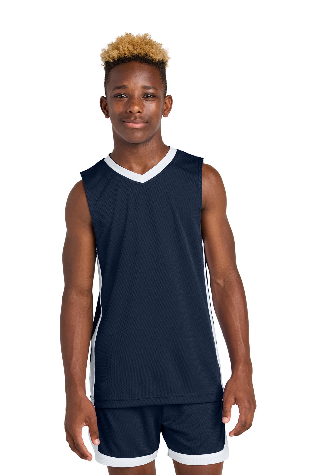 Front View of TrNv/White Sport-Tek Youth Rival Basketball Rev Jersey YST900