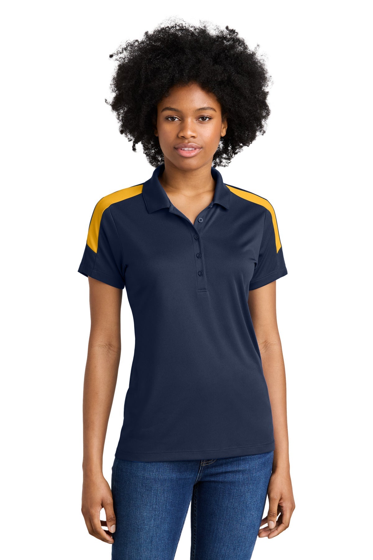 Front View of TrNvy/Gold Sport-Tek Women's Competitor United Polo LST104