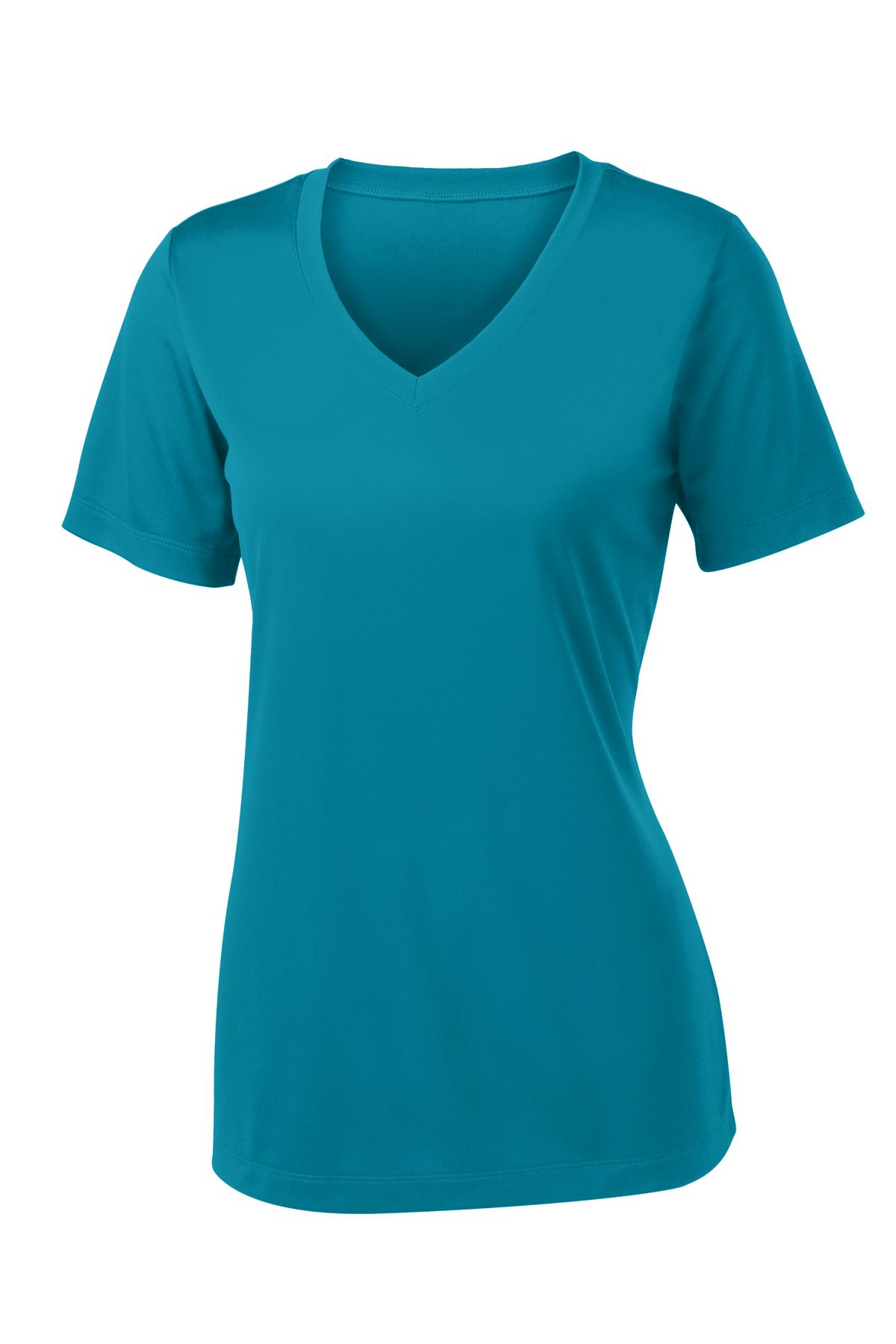 Front View of Tropic Blue Sport-Tek Women's PosiCharge Competitor V-Neck Tee. LST353