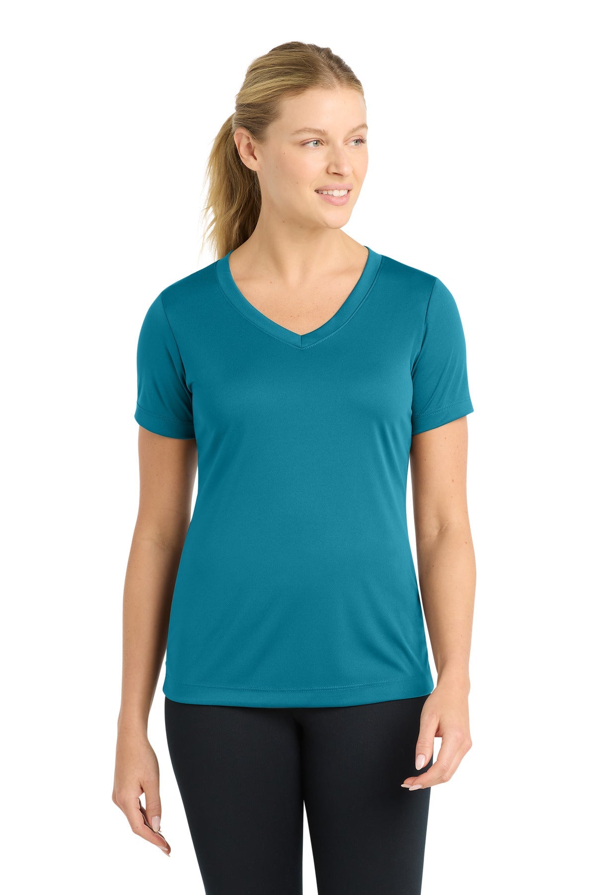 Front View of Tropic Blue Sport-Tek Women's PosiCharge Competitor V-Neck Tee. LST353