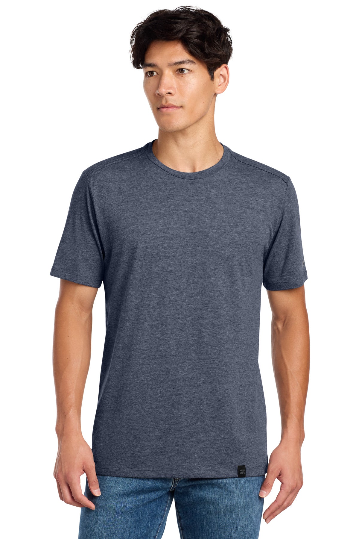 Front View of True Navy Hthr New Era Heritage Blend Crew Tee. NEA100